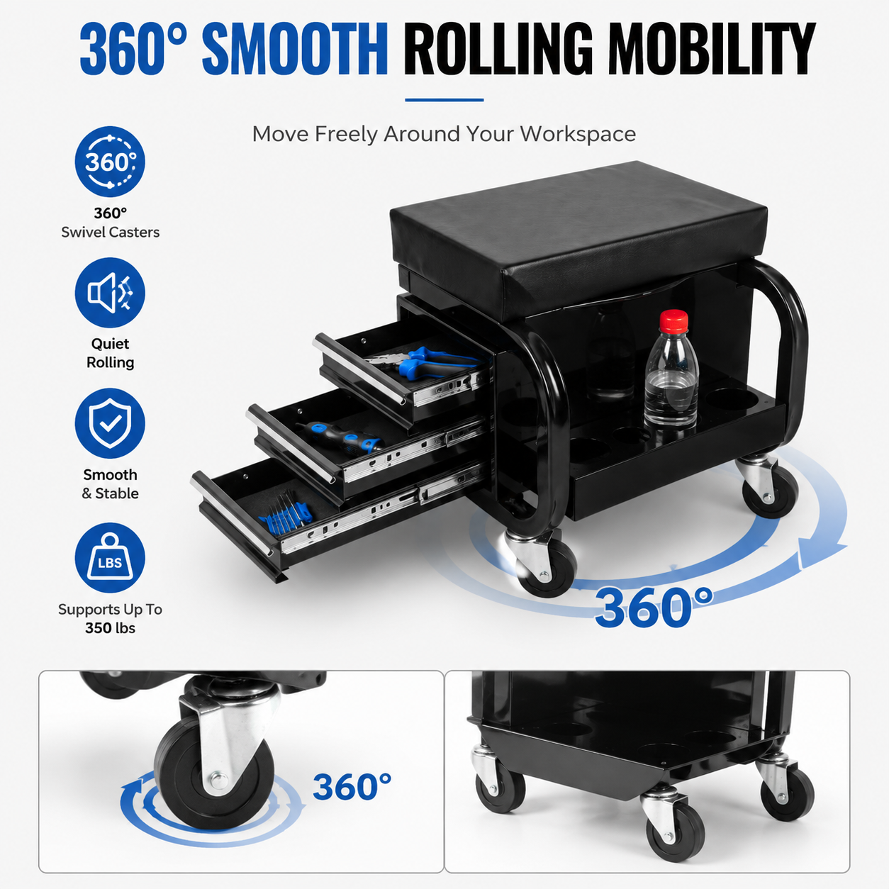 Heavy Duty Rolling Garage Stool with 3 Drawers and Padded Vinyl Seat - Tool Storage Cart, Supports 350 lbs, Black