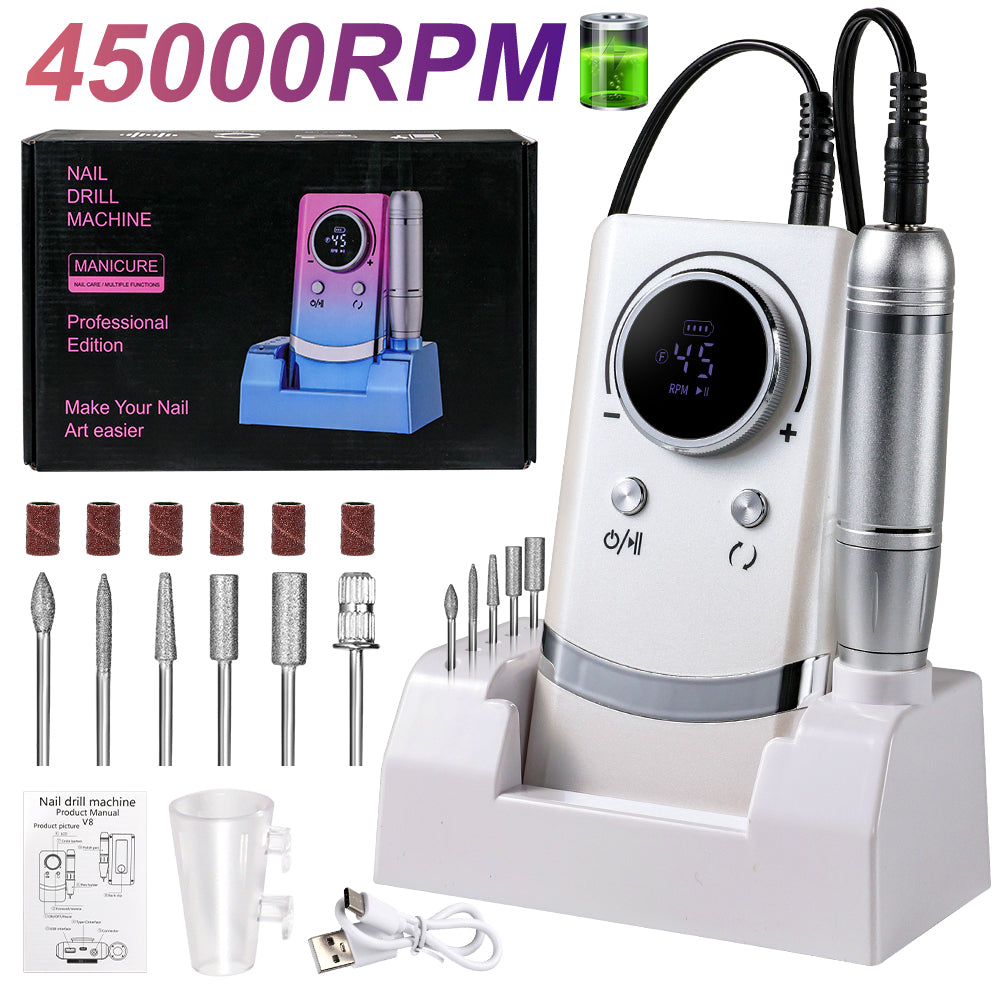 Professional Electric Nail Drill - 45000RPM Rechargeable E-File Kit