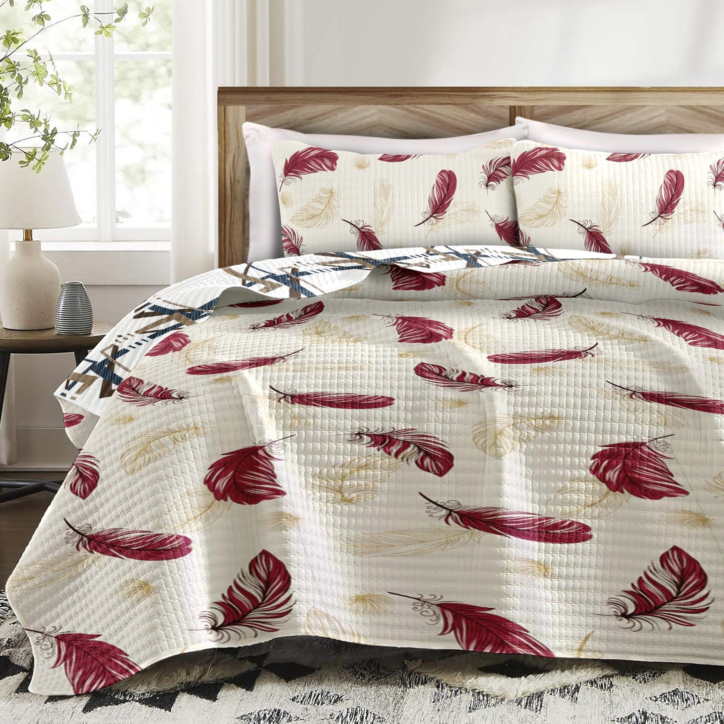 9-Piece Boho Feather Print Quilt and Curtain Set - Multiple Sizes