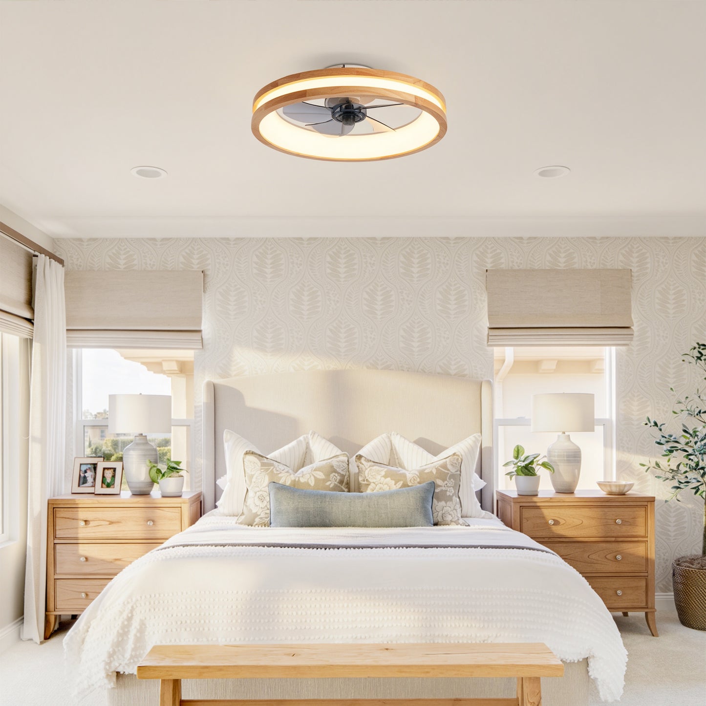 Modern Flush Mount Ceiling Fan with LED Light & Remote Control - Natural Wood White