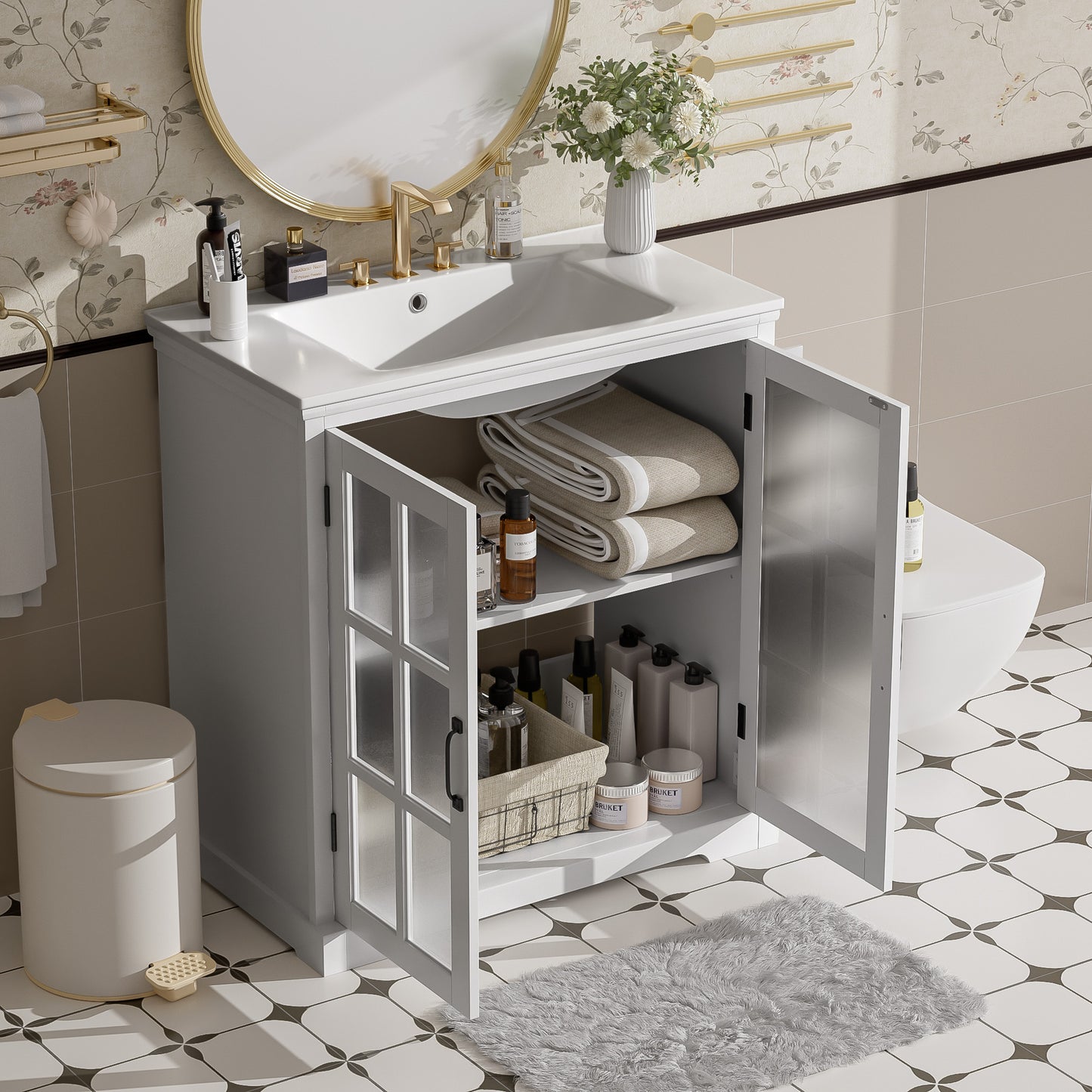 30" Modern Bathroom Vanity with Ceramic Sink & Storage - White