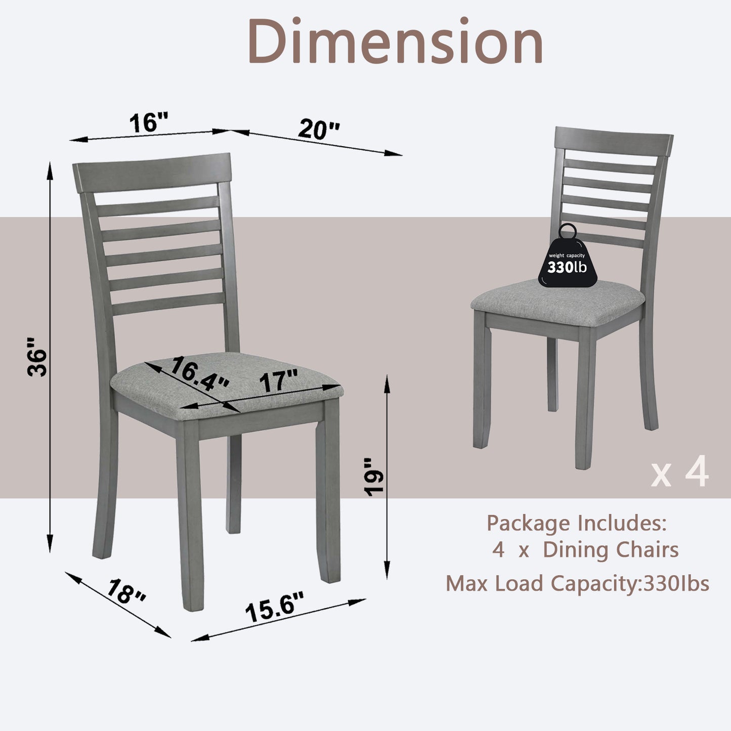 Set of 4 Upholstered Dining Chairs - Gray Wooden Kitchen Chairs
