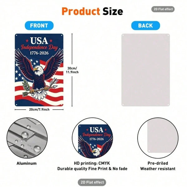 Patriotic Aluminum Tin Sign - Bald Eagle & American Flag Wall Art - 20x30 Inch