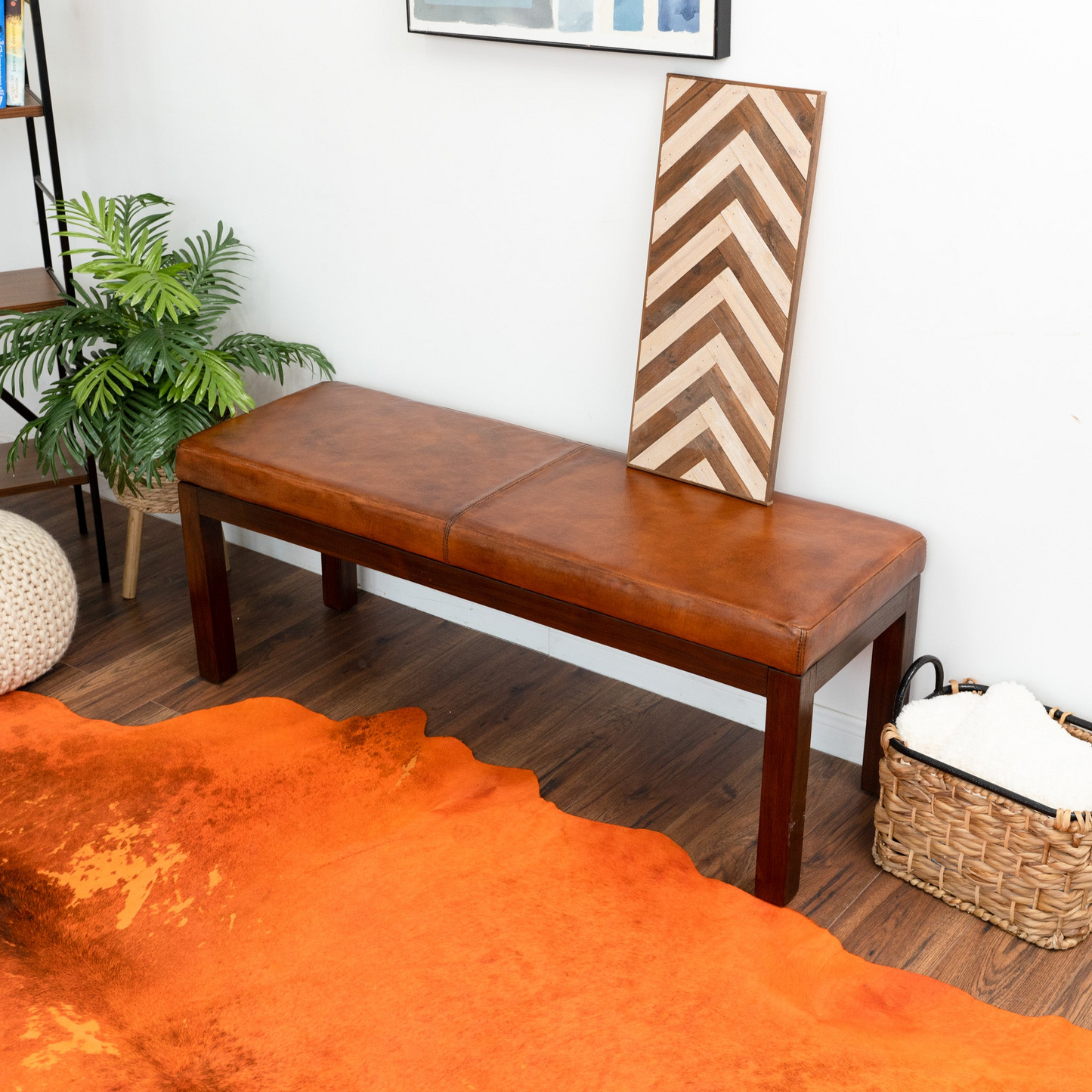 Austin Antique Tan Leather Bench With Lines