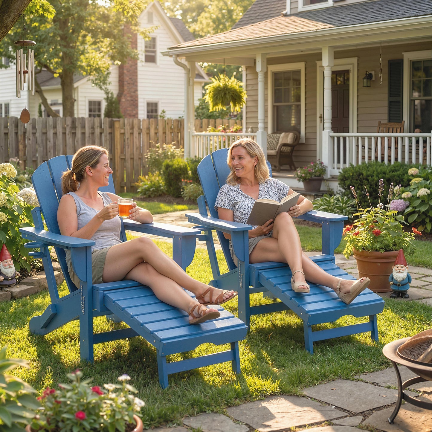 Folding Adirondack Chair Set of 2 with Ottoman & Cup Holder - Blue