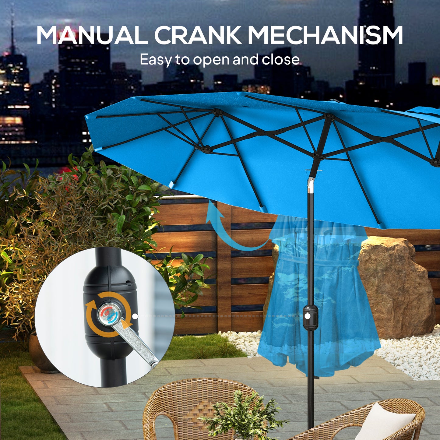 Double-Sided Patio Umbrella - 9.5 ft with Tilt & Crank, Cyan Blue