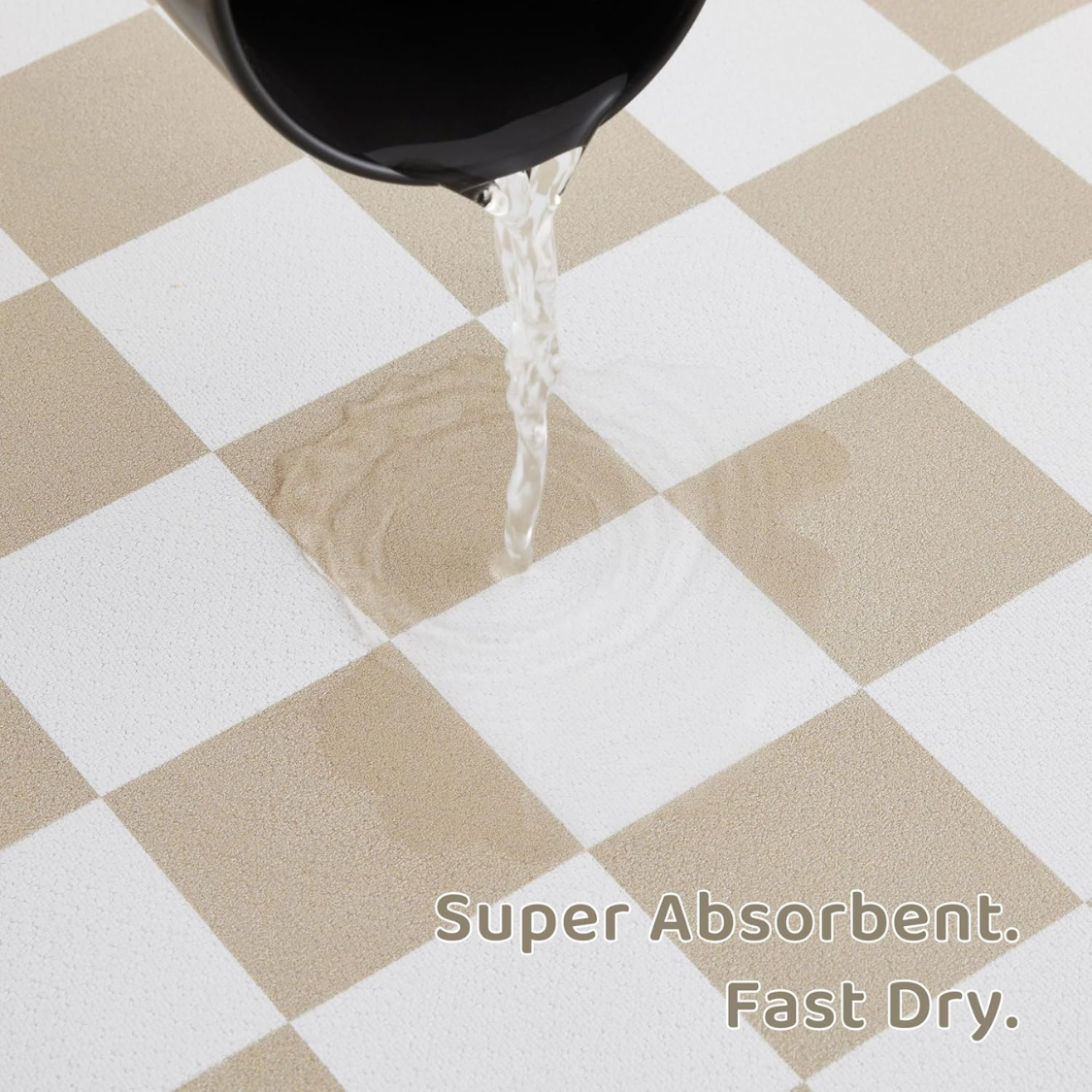 Dog Food & Water Mat - Absorbent, Non-Slip Checkered Pet Placemat - Khaki Beige
