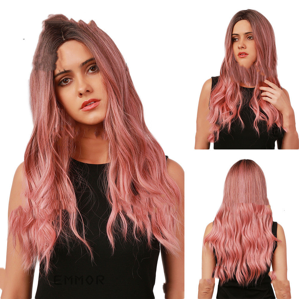 Long Curly Wig with Bangs - Gradient Pink Anime Hair Headgear for Cosplay & Daily Wear
