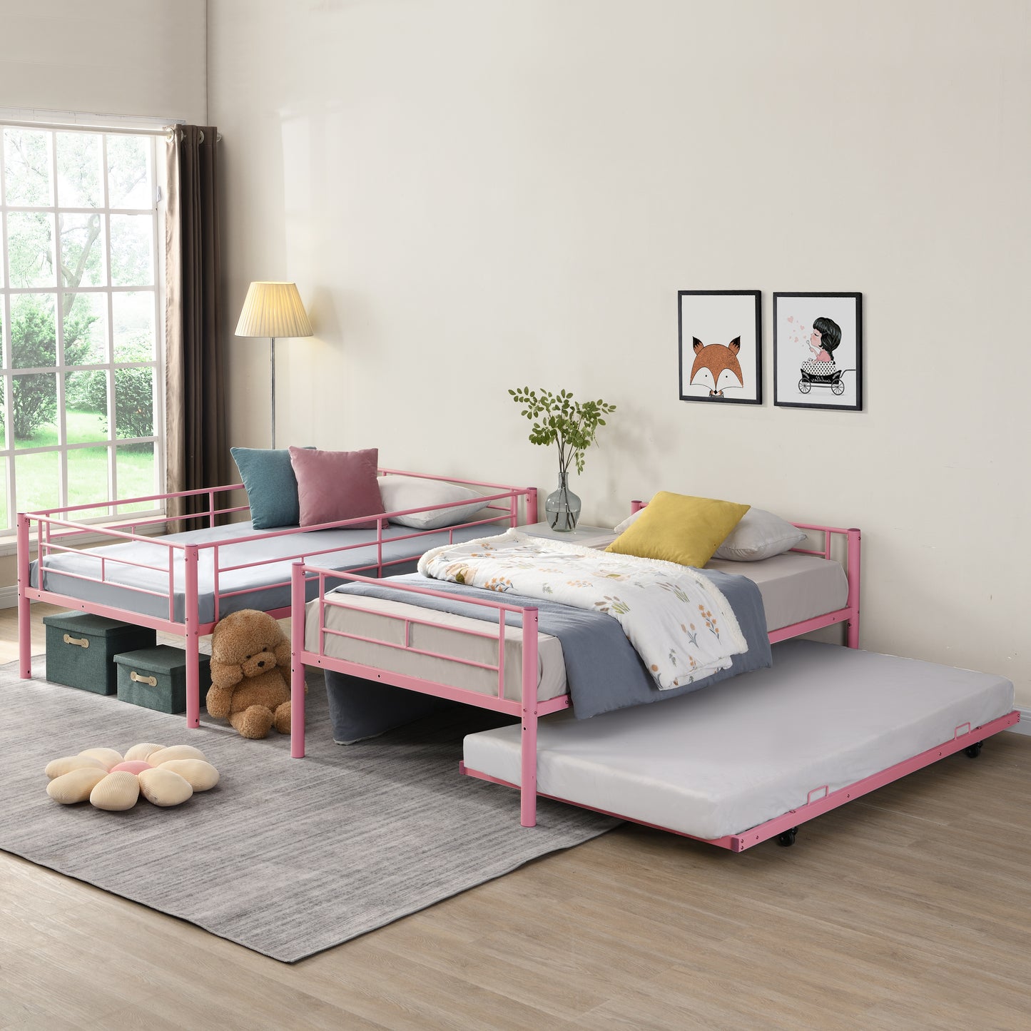 Metal Bunk Bed with Trundle in Pink - Space-Saving Design