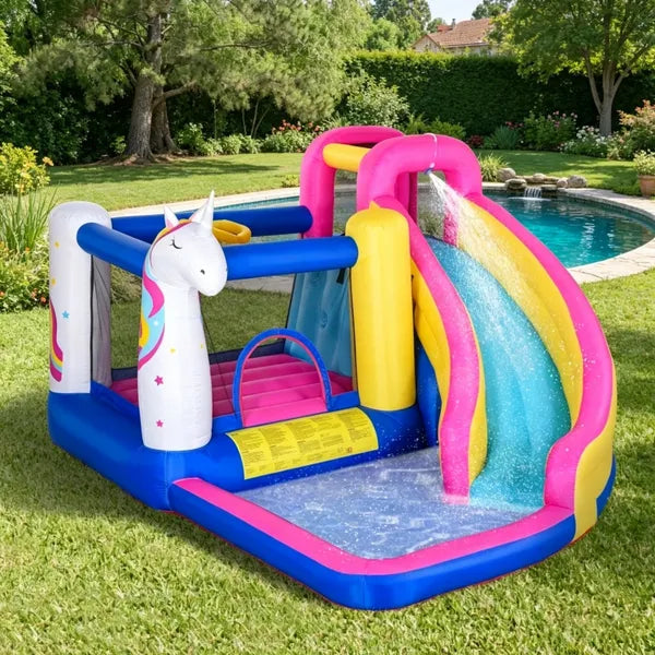 Unicorn Inflatable Bounce House with Slide & Pool - Ages 3-8