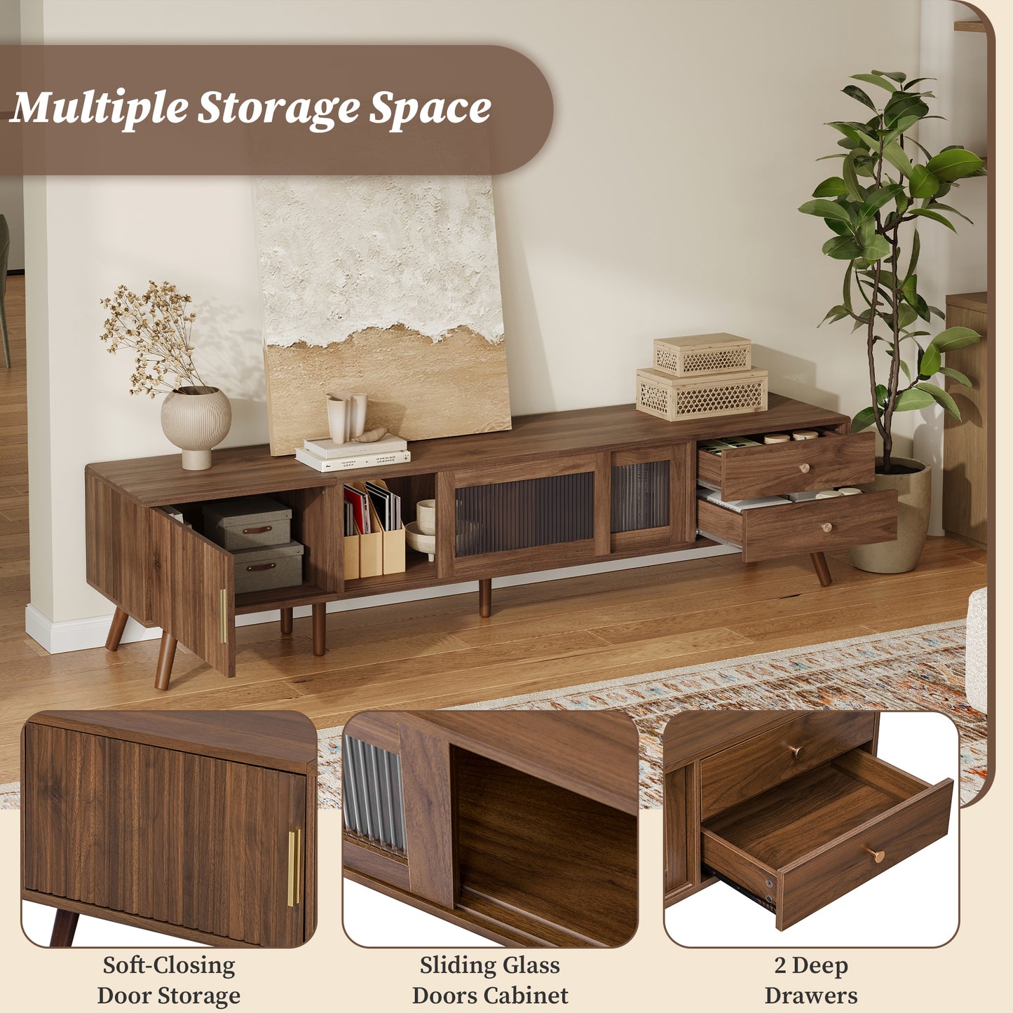76" Modern Minimal Glass-Door TV Stand for 85" TVs - Natural