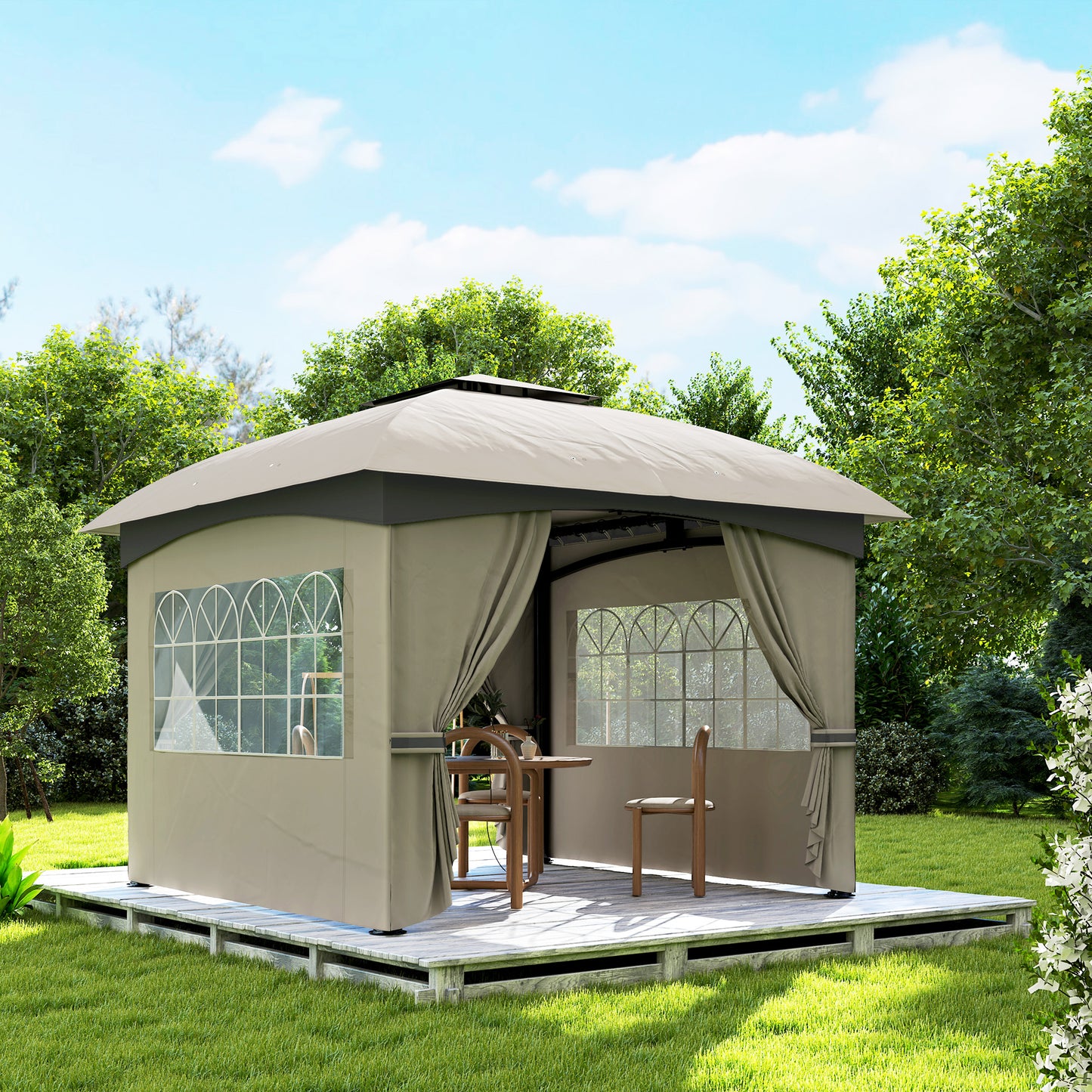 Outdoor Gazebo with Curtains and Church Windows - Light Gray
