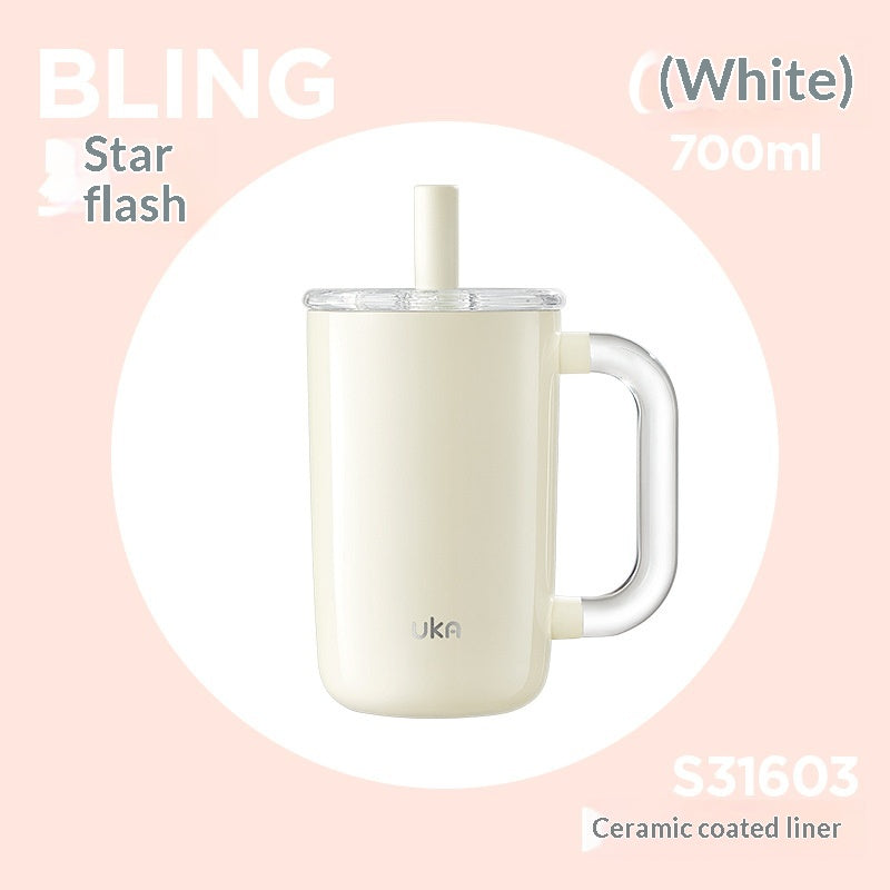 Insulated Ceramic Drink Mug with Straw & Handle, Large Capacity 700ml