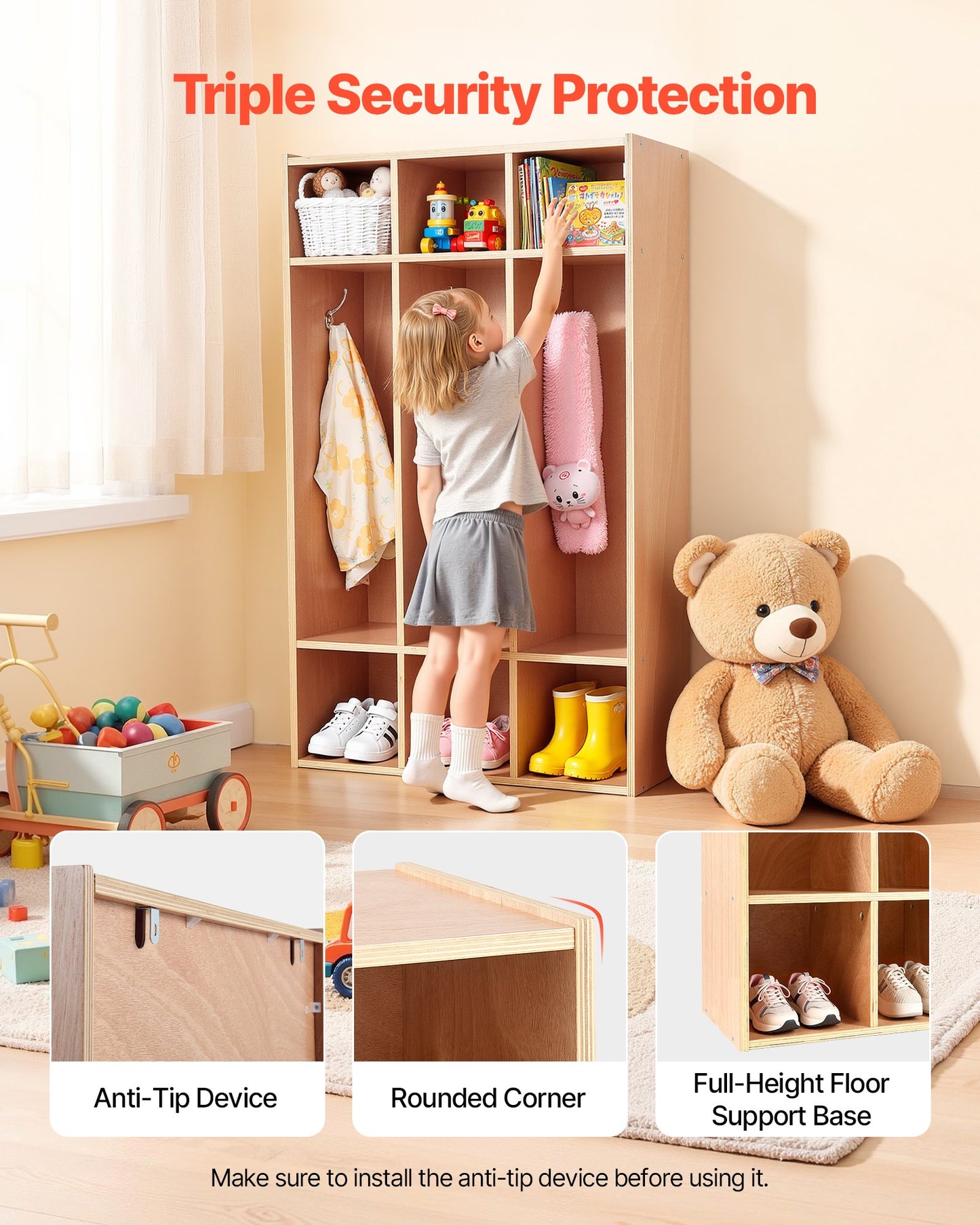 Kids Wooden Coat Locker with 6 Hooks & Storage Cubbies - Toddler Organizer