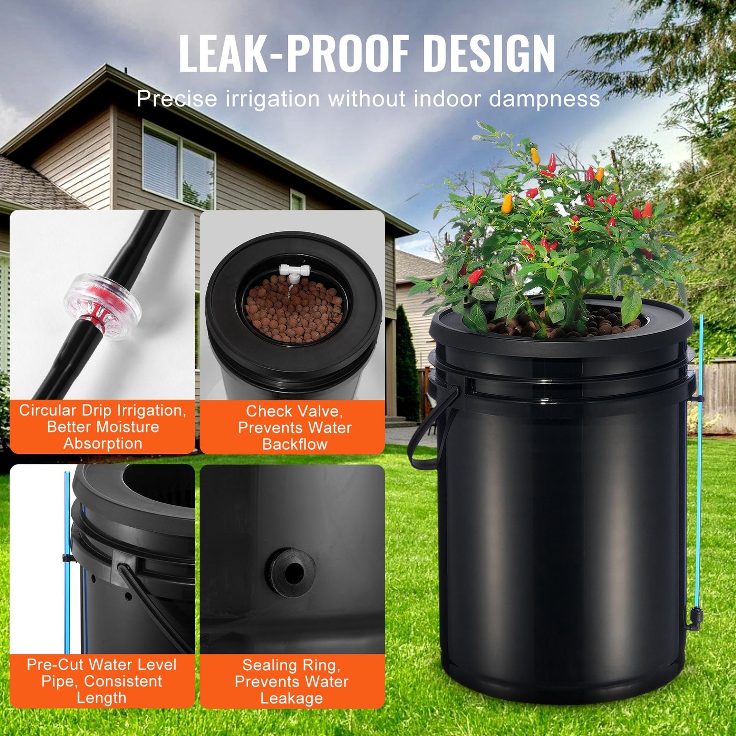Hydroponic Recirculating Deep Water Culture System with 4 Buckets - 5 Gallon, Black