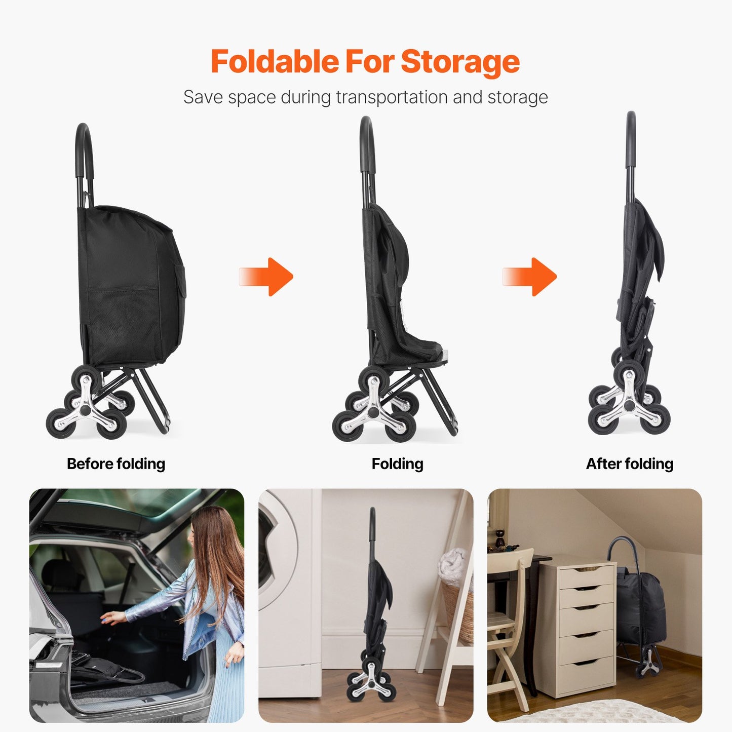 Foldable Stair Climbing Shopping Cart 36L with 6 Wheels and Storage Bag - Black