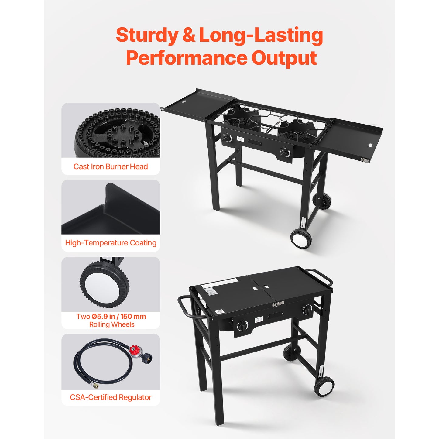 2 Burner Outdoor Propane Gas Stove with Wheels & Regulator – Camping & Patio Cooker