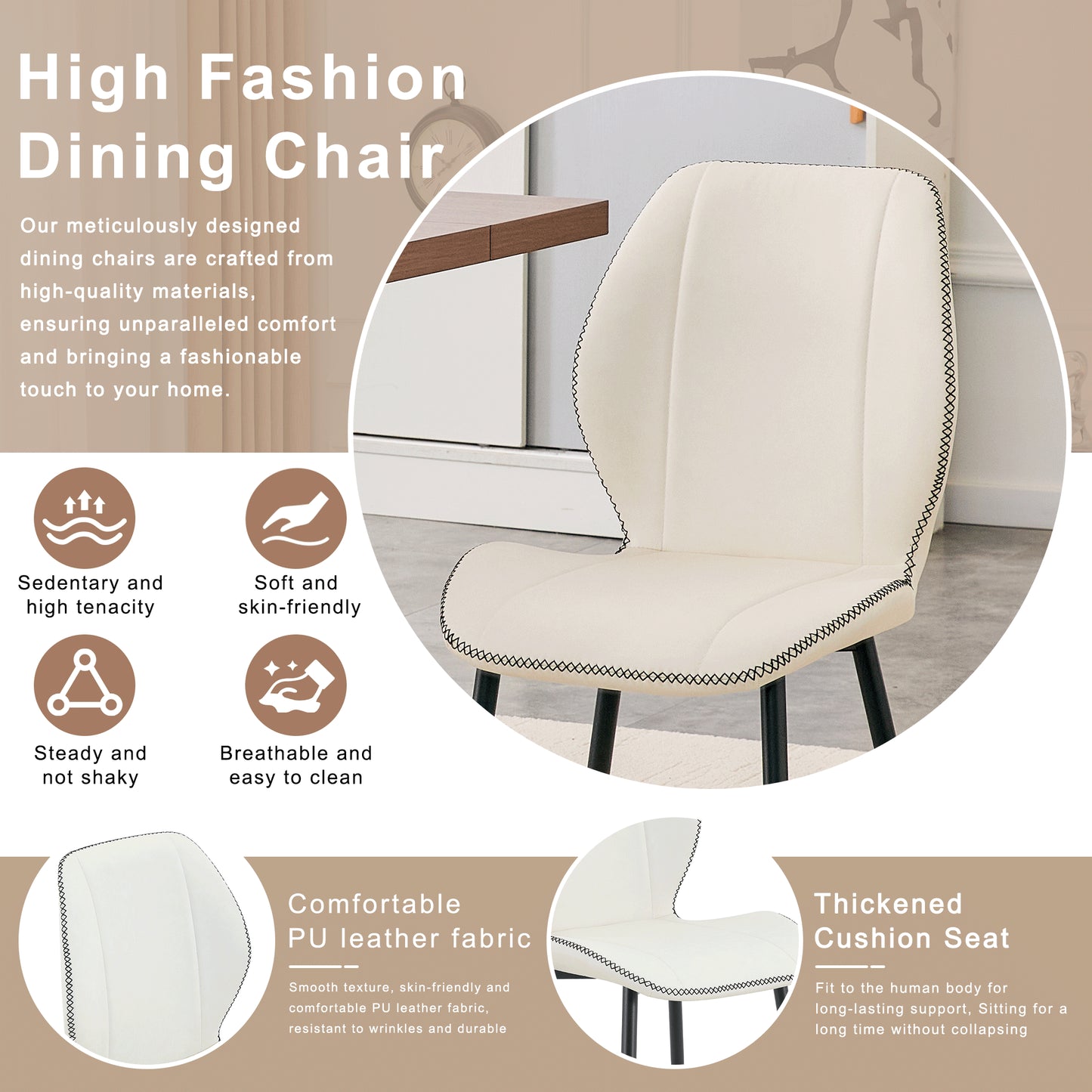 4-Pack PU Leather Dining Chairs with Black Metal Legs - White