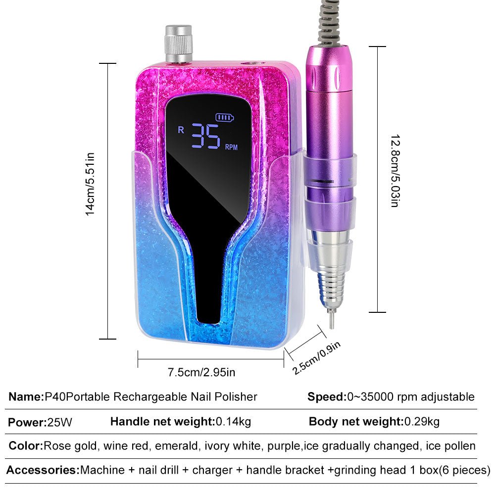 Professional Cordless Electric Nail Drill - 45000 RPM Rechargeable E-File - Purple