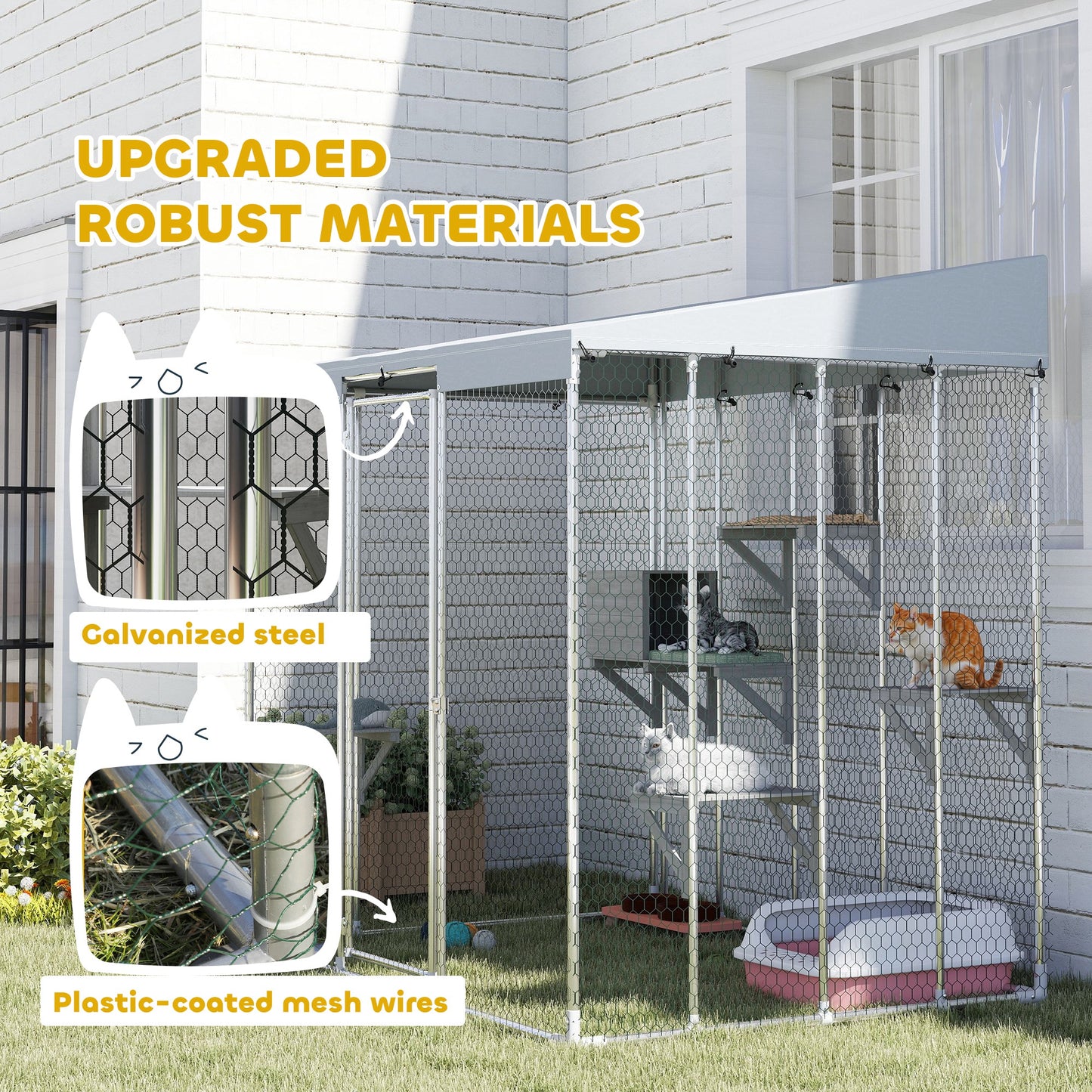 Large Galvanized Steel Cat Enclosure with Waterproof Canopy and Jumping Platforms - Silver, 79 Inches