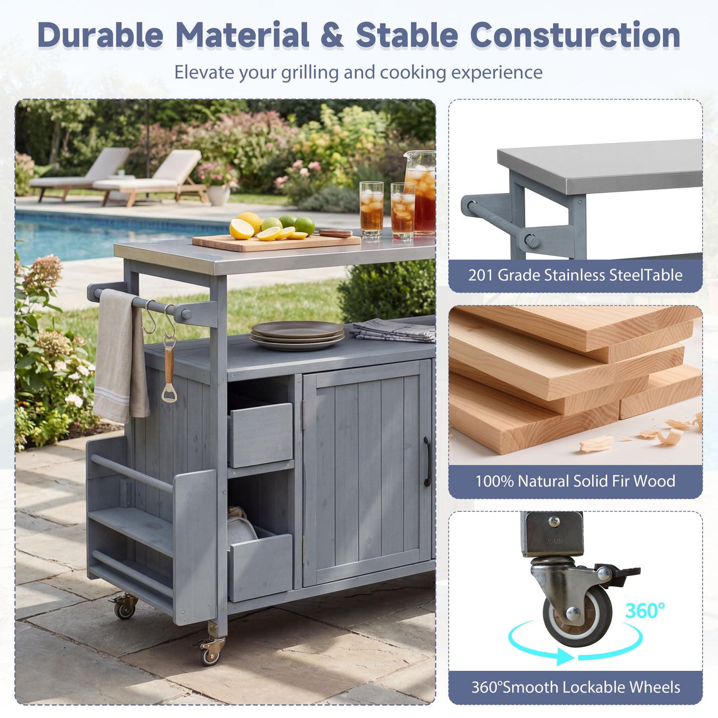 54.33 Farmhouse Rolling Outdoor Kitchen Cart, Solid Wood Frame With