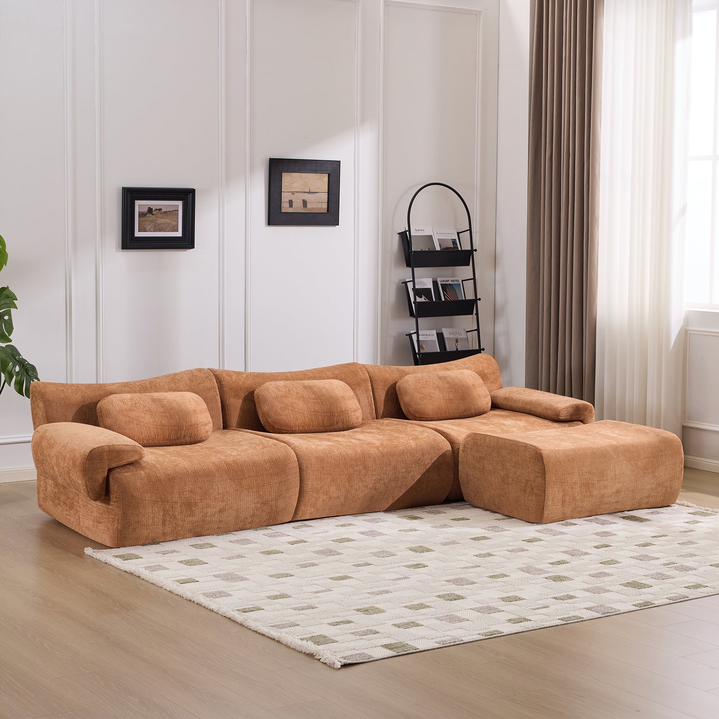 Modular Bamboo Joint Armchair - Extra-Large Chenille Sofa with 3 Pillows - Orange