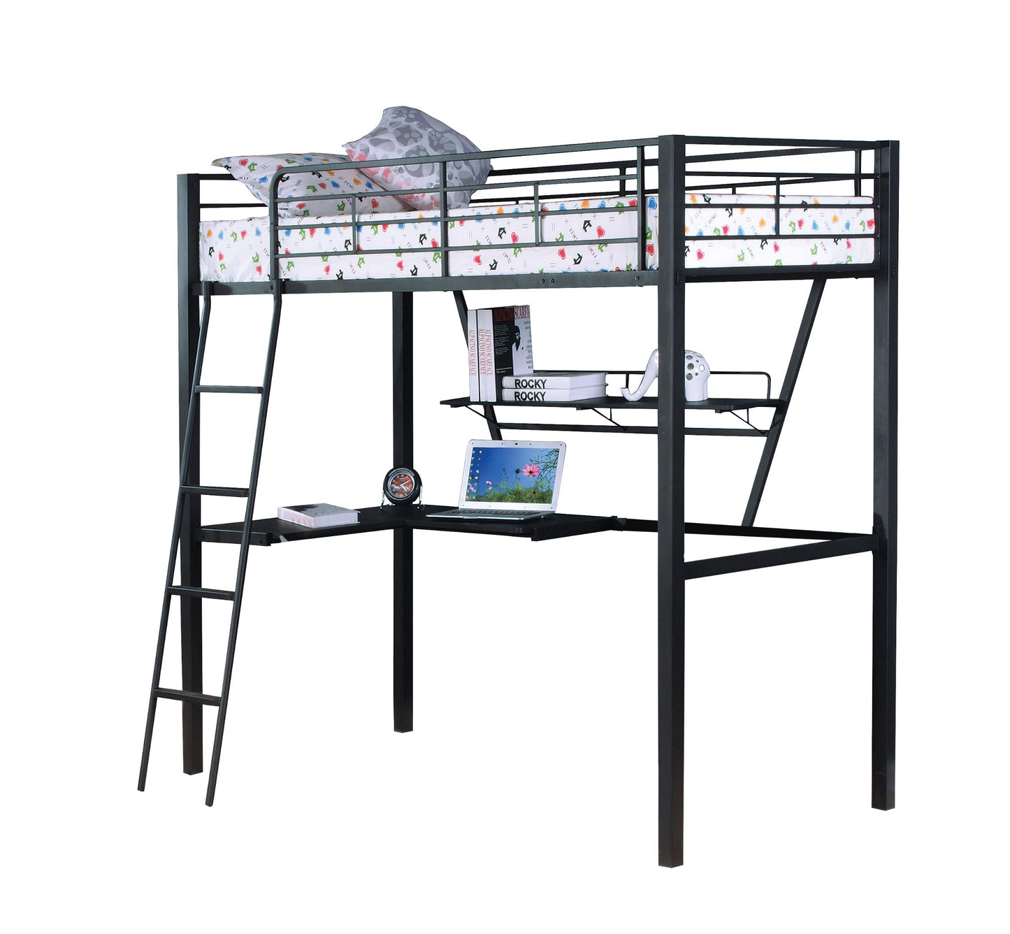 Twin Loft Bed with Desk - Silver & Black Finish