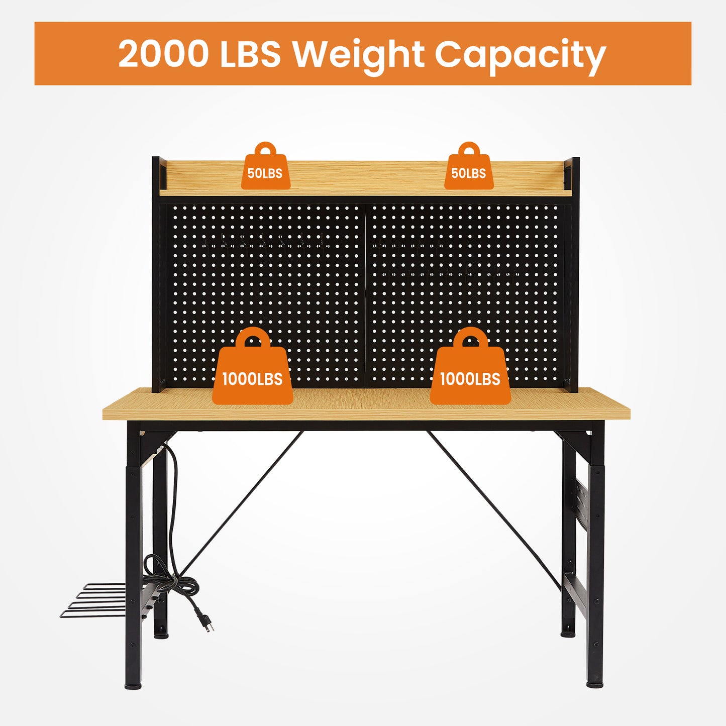 48" Adjustable Workbench with Pegboard & Power Outlets - Yellow/Black