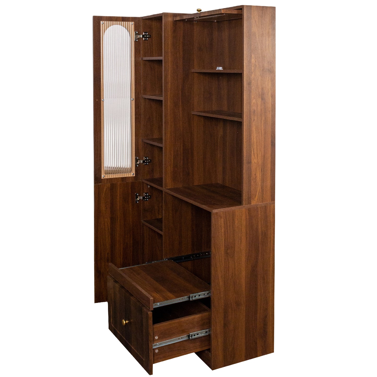 Walnut Kitchen Pantry Cabinet with Multi-Tier Storage Shelf