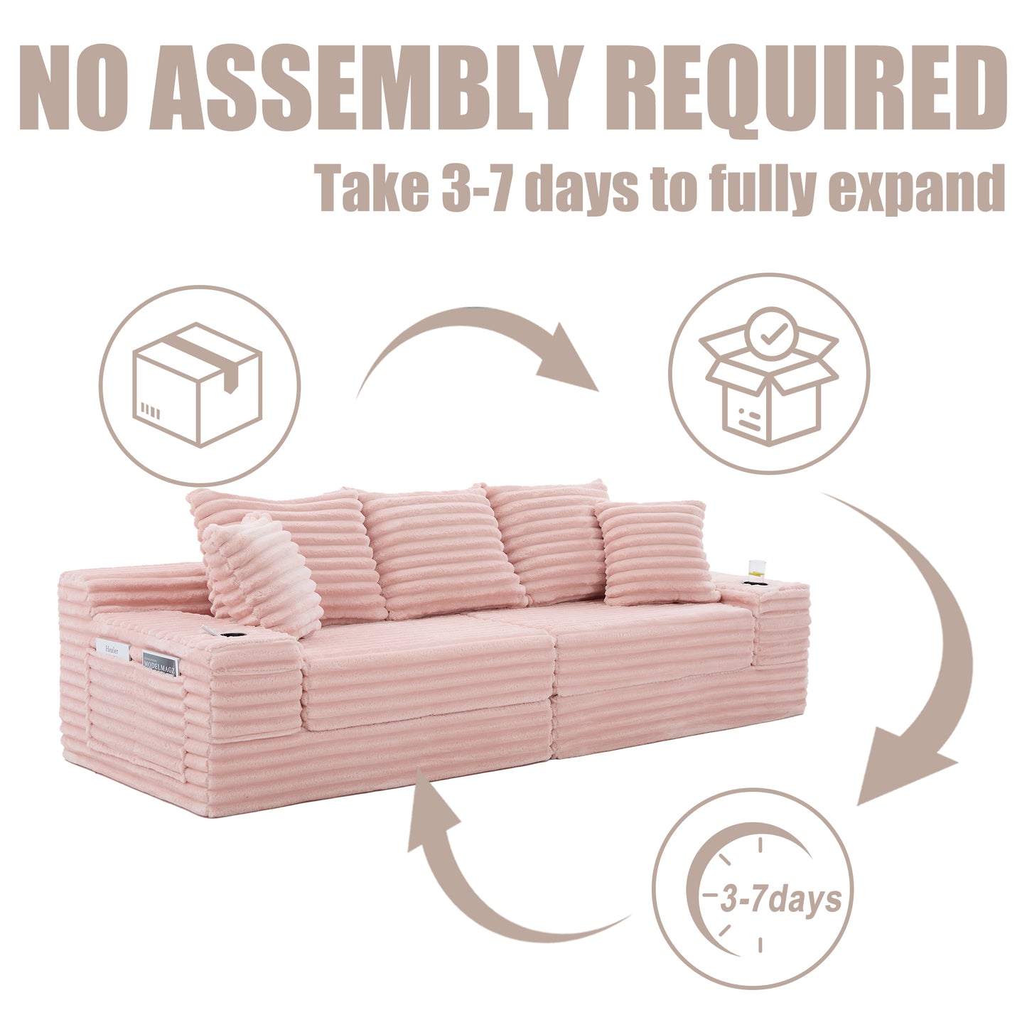 Oversized Four-Seat Sofa Bed with Cup Holder & Pockets - Pink