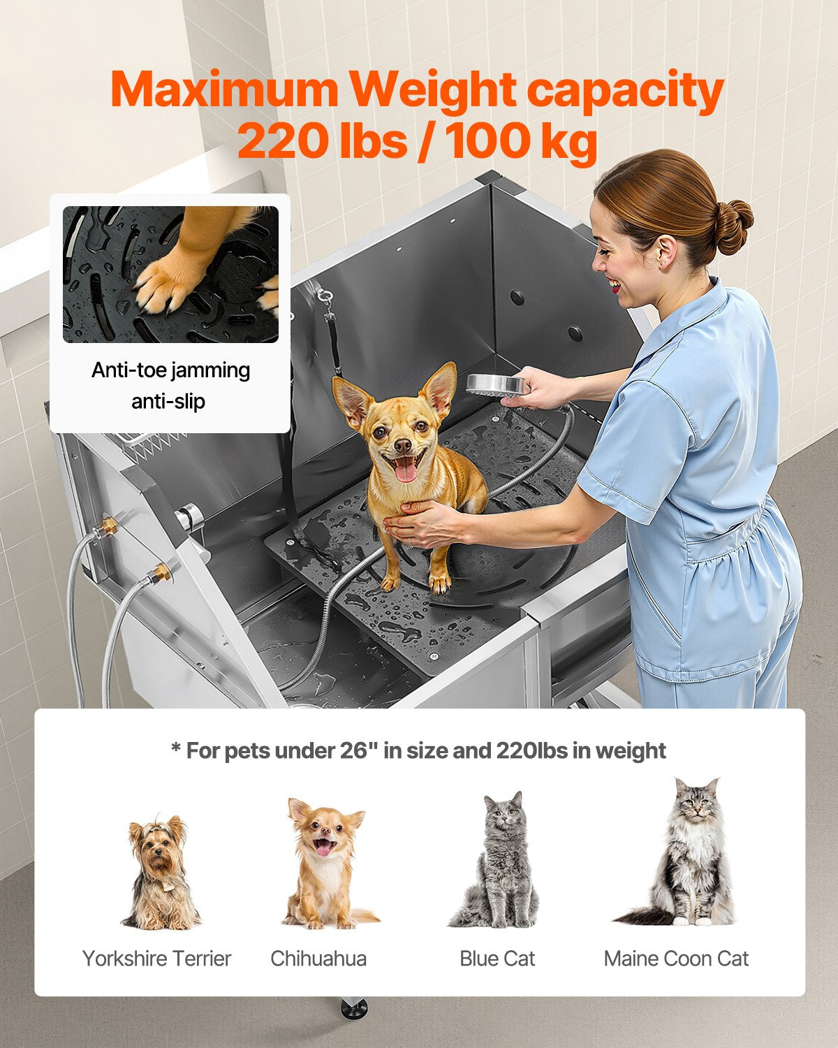 Stainless Steel Dog Grooming Bath Tub with Stairs & Showerhead