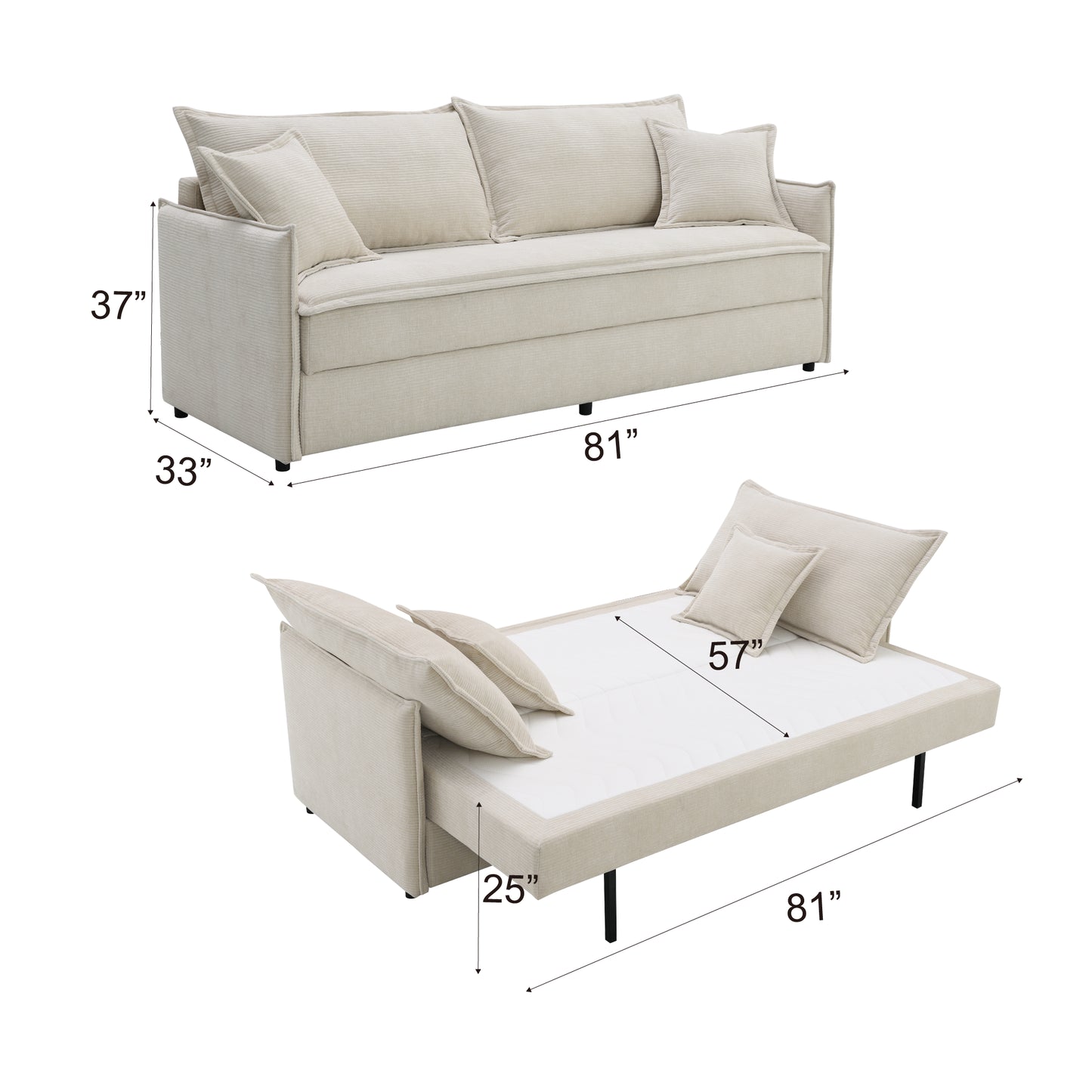 Beige Fabric Sleeper Sectional Sofa with 2 Toss Pillows