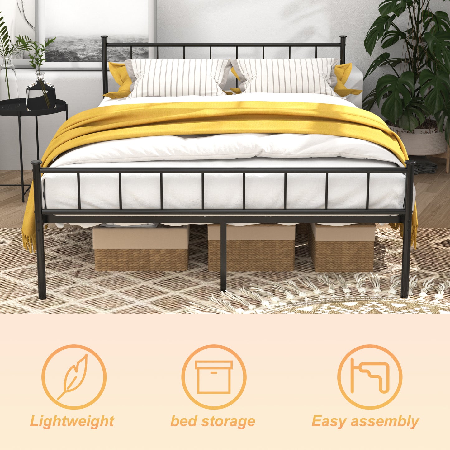 Queen Size Bed Frame with Headboard & Footboard - Black