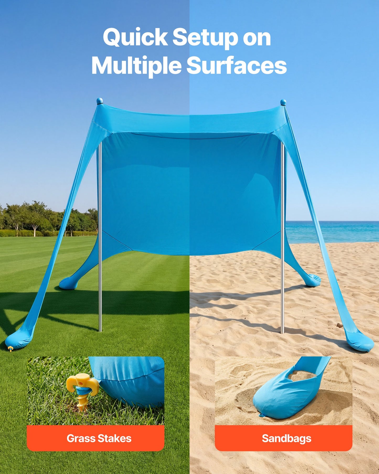 Portable Beach Tent Sun Shelter with UPF50+ Shade, Sandbags & Poles - Black