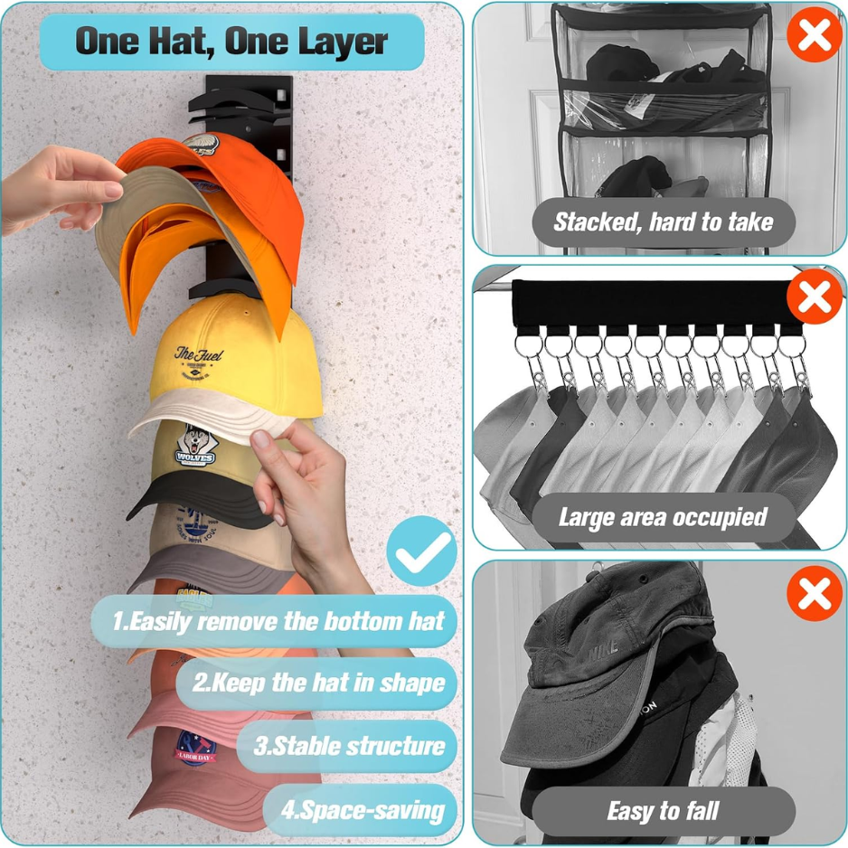2-Pack Wall-Mounted Hat Rack For Baseball Caps Black, 16.5 Multilayer
