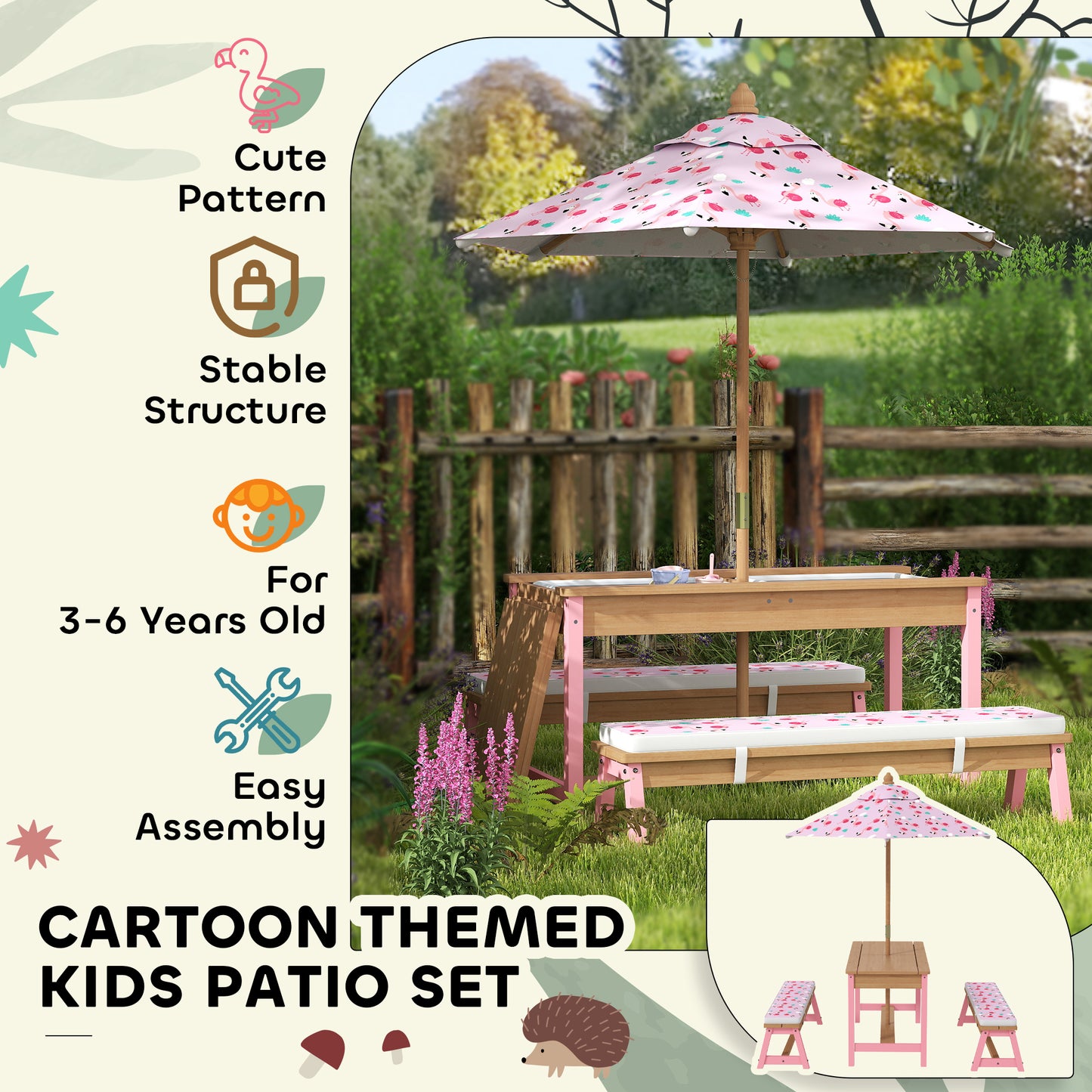 Kids Picnic Table Set with Umbrella & Removable Cushions - Pink Flamingo