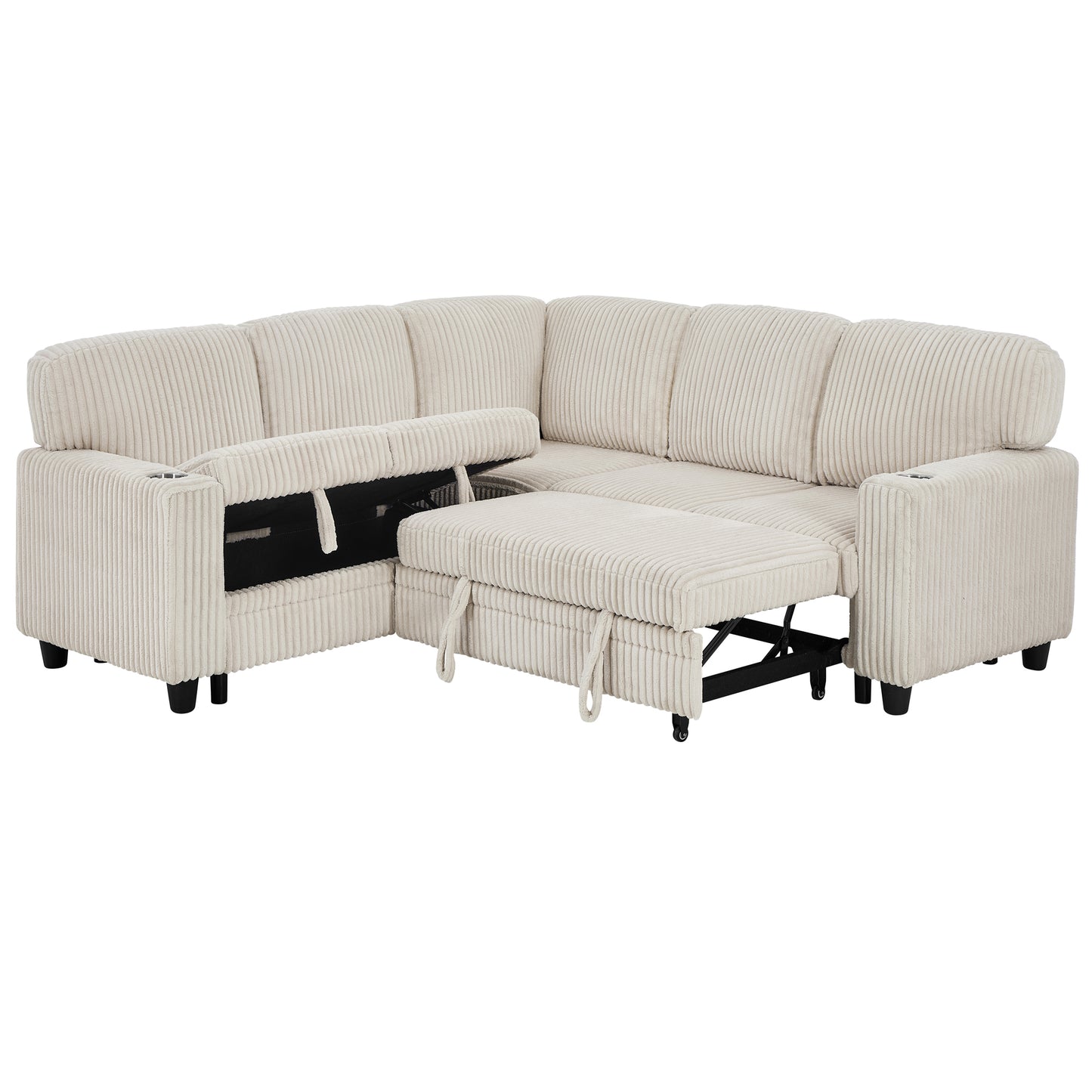 L-Shaped Sectional Sofa Bed with USB Charging & Storage - Beige