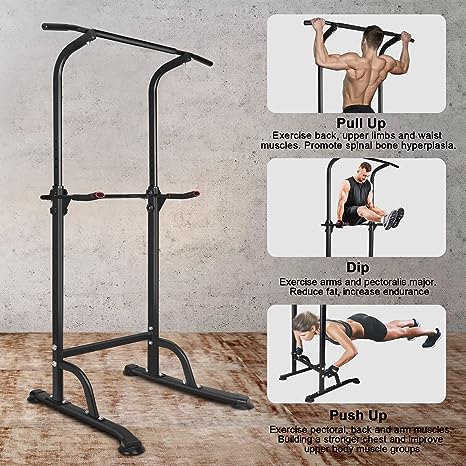 Adjustable Power Tower Dip Station for Home Gym - Black