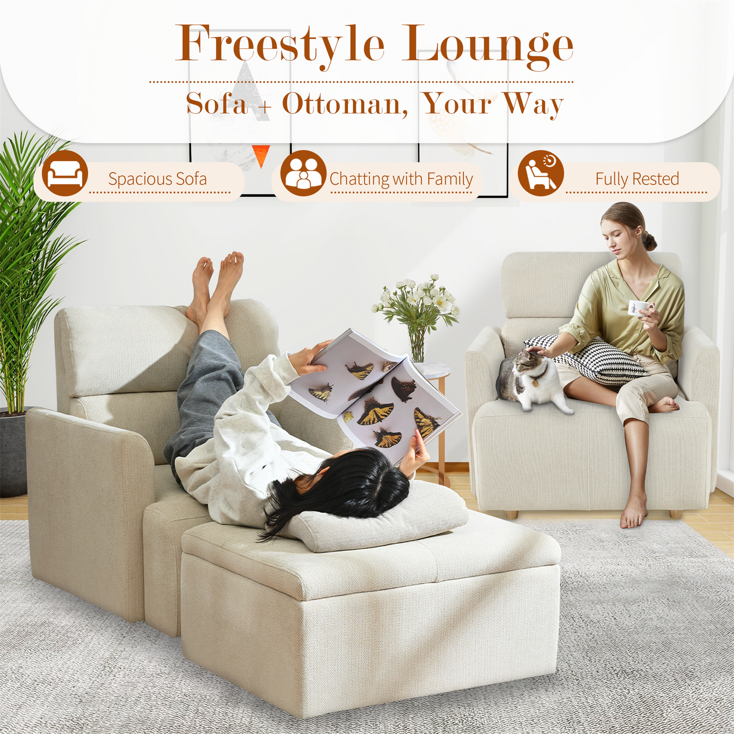 Oversized Accent Chair with Storage Ottoman - Beige & Gray