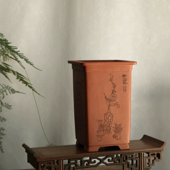 Hand-Carved Scepter-Shaped Pottery Vase in Zisha Clay - Home Decor
