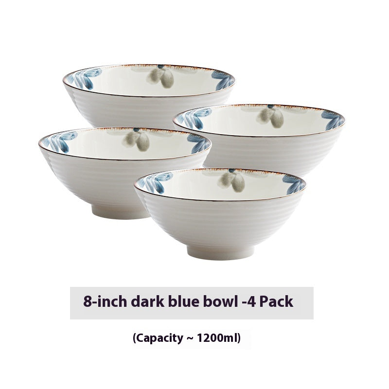 Japanese Style Rain-Hat Shaped Ceramic Ramen Bowl Set - Underglaze Blue