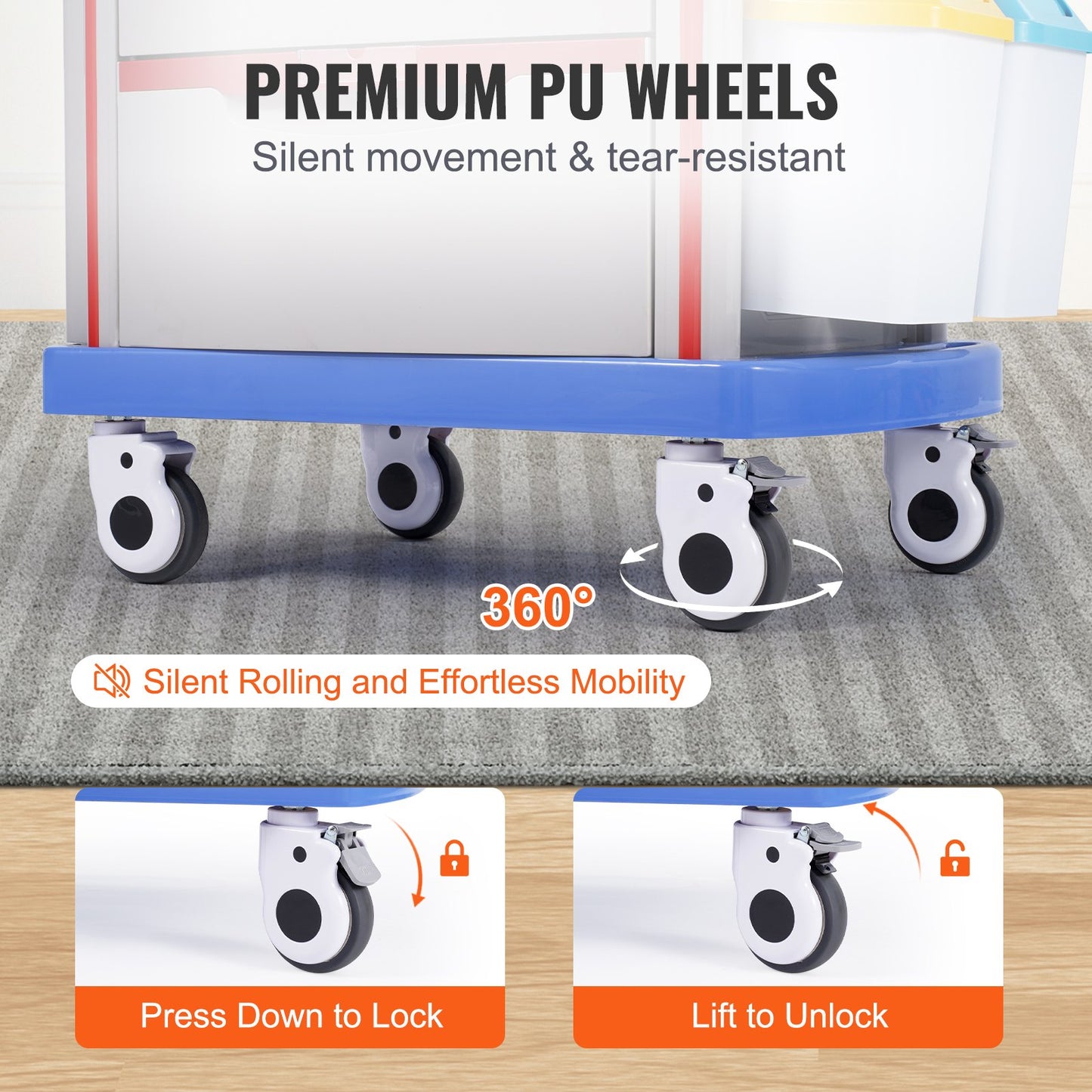 Mobile Medical Cart with 5 Drawers & 2 Trash Cans - Blue