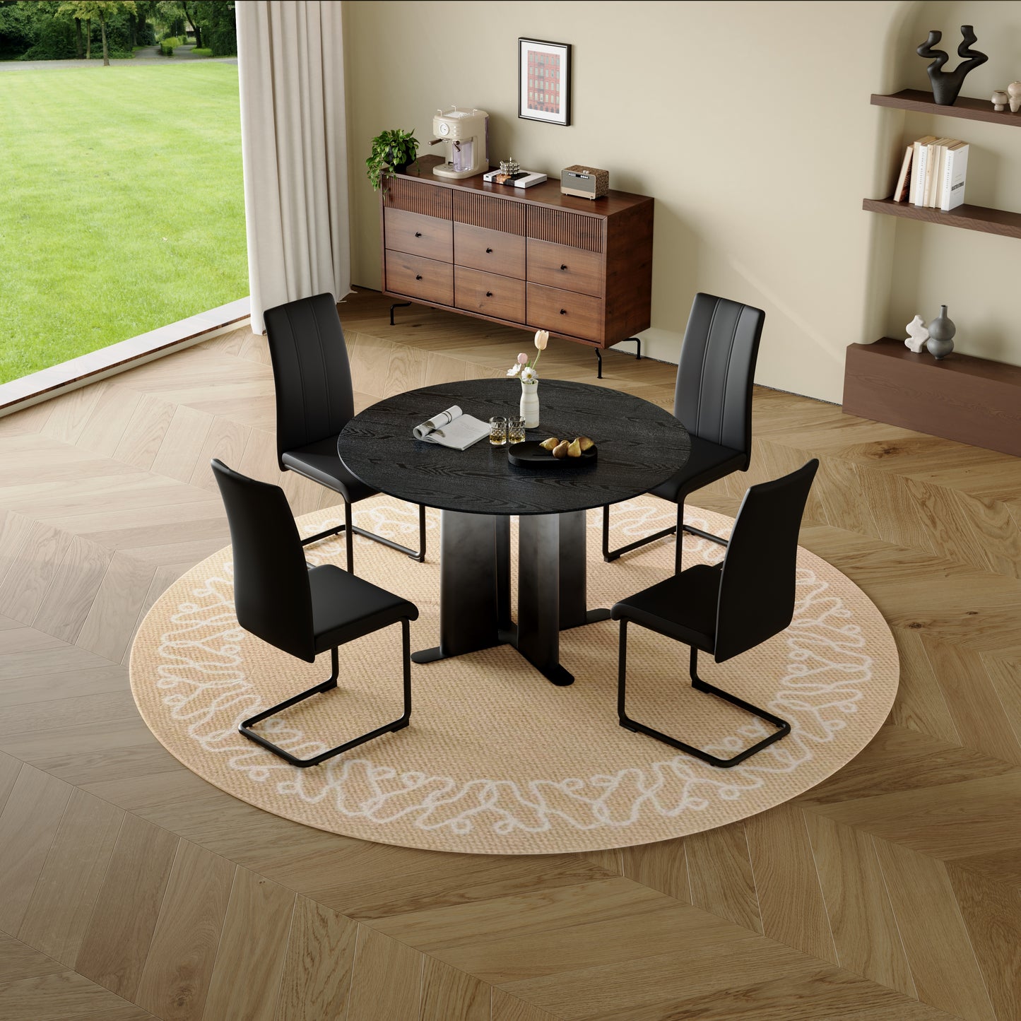 Round Black Wood Grain MDF Dining Table, & White Gradient Legs With