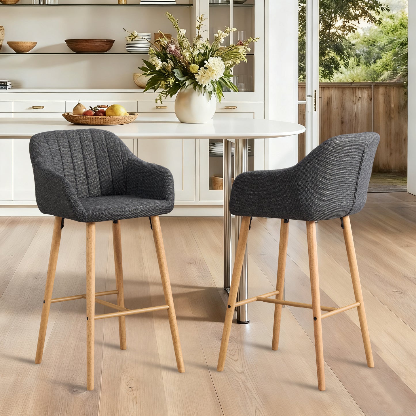 Modern Bar Stools Set of 2 - Kitchen Island Tall Chairs with Back and Footrest - Black Linen Upholstered