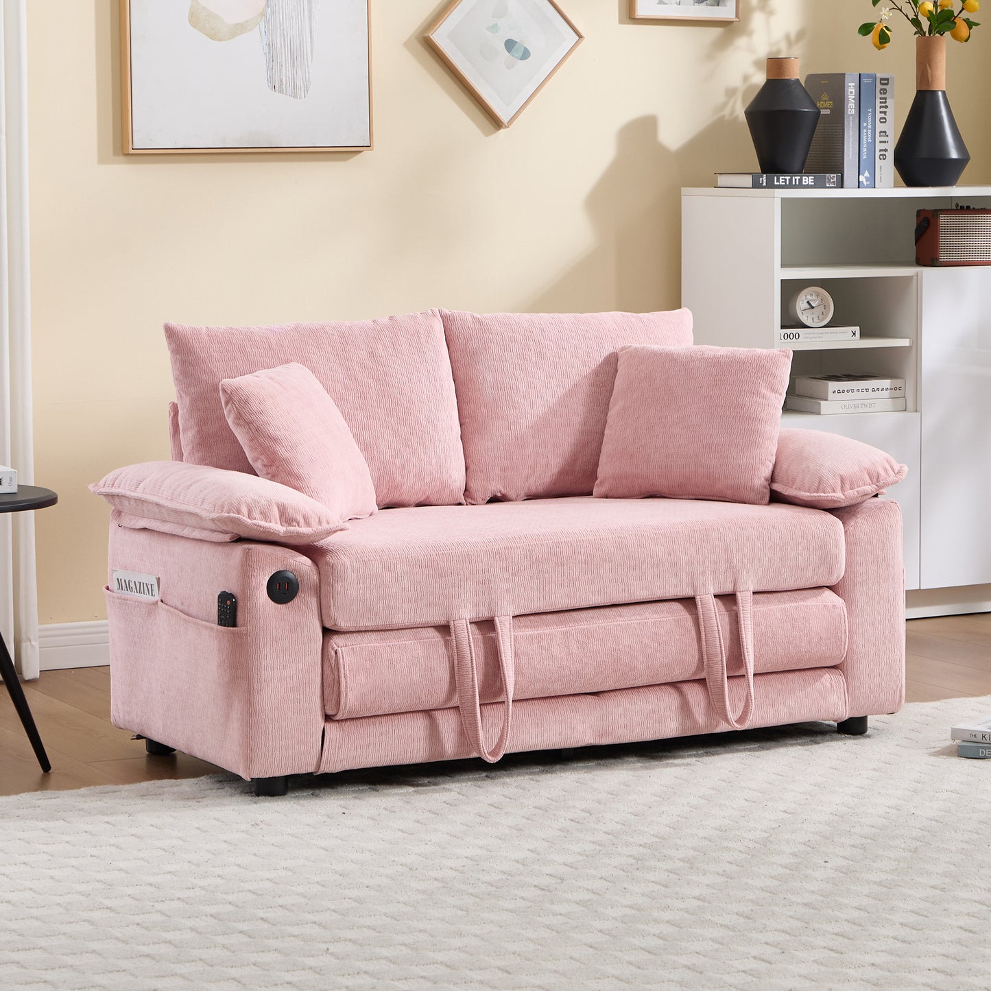 58-Inch Pink Upholstered Futon Sofa Bed with Side Pockets