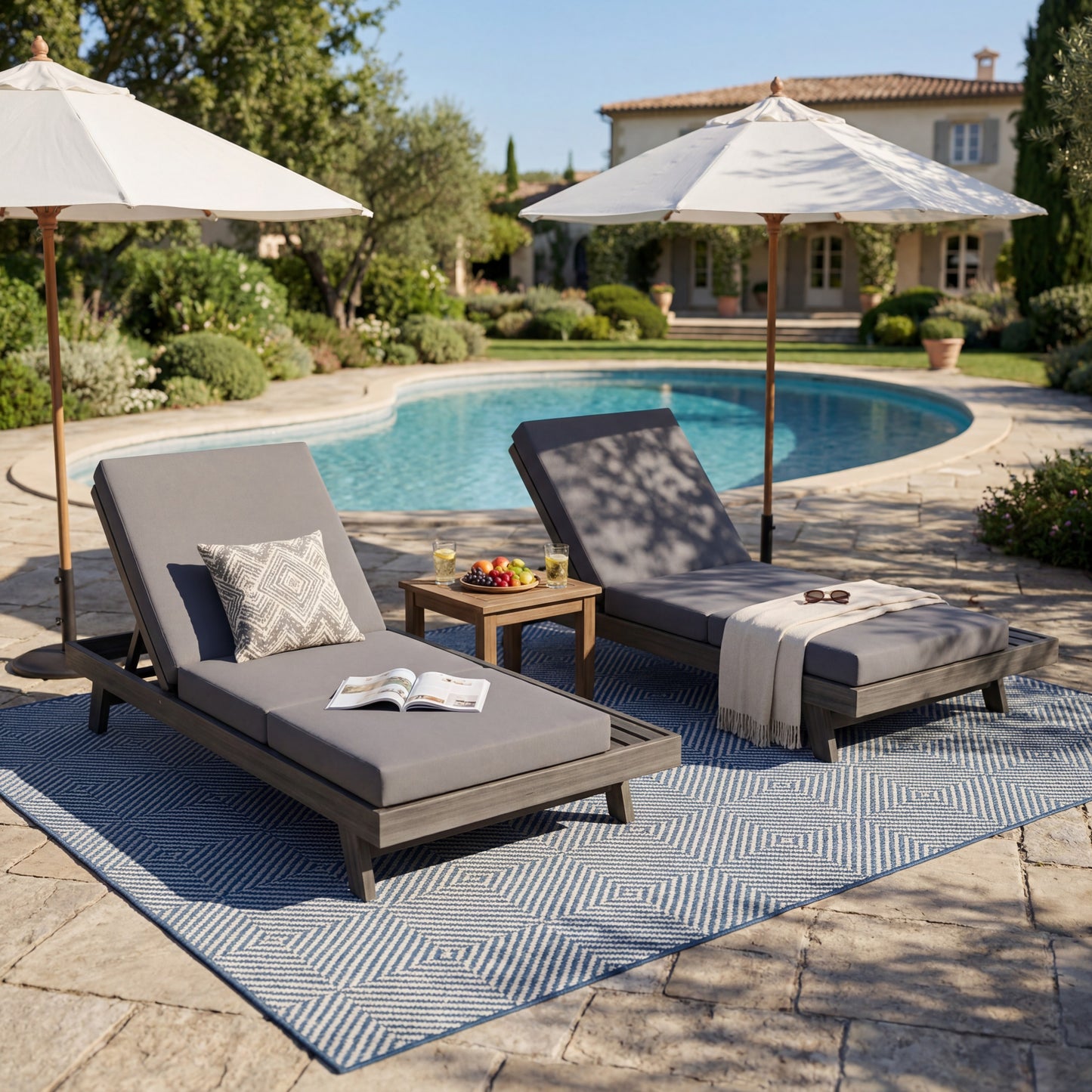 Lounge Chaise Set with Adjustable Backrest - Black & Dark Grey