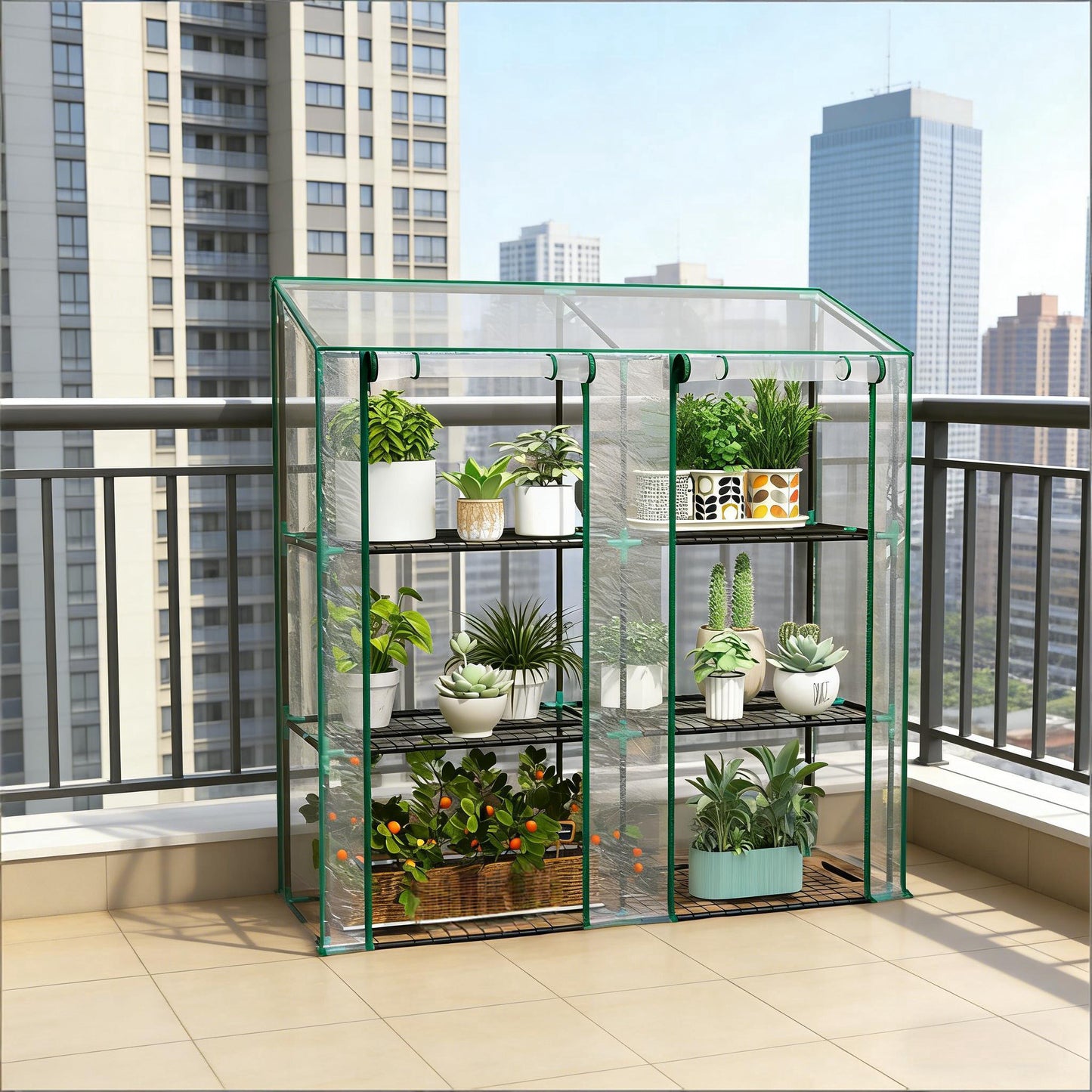 Clear Lean-To Greenhouse with Three-Tier Shelves