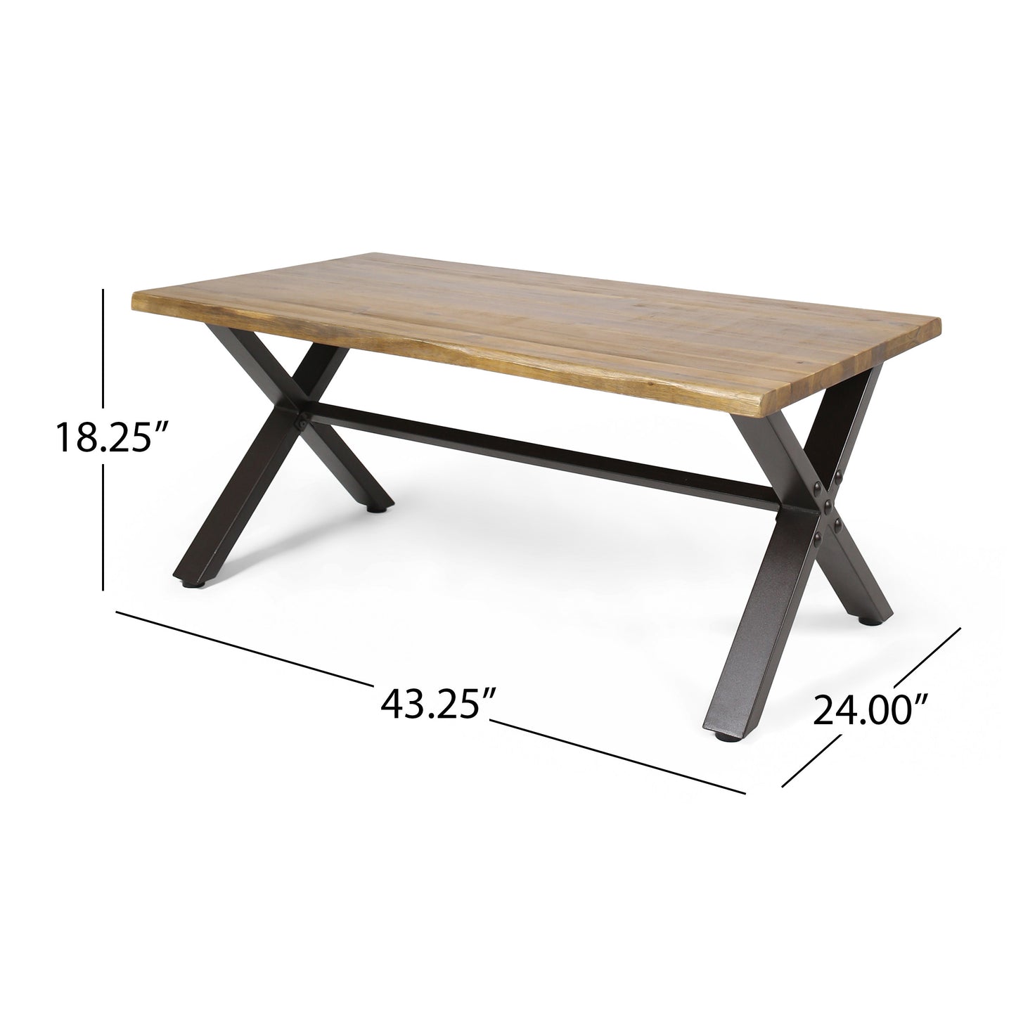 Outdoor Acacia Wood Coffee Table, Teak Finish Rustic Metal,Black And
