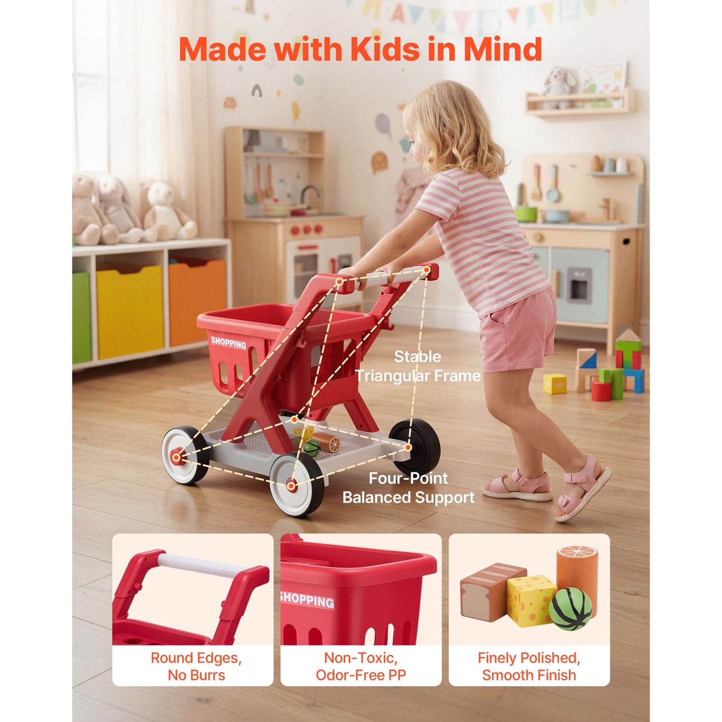 Kids Shopping Cart with Pretend Food Lights & Sound - Toddler Play Grocery Trolley