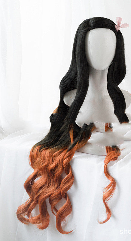 Long Curly Synthetic Wig with Black Gradient Brownish Yellow Hair